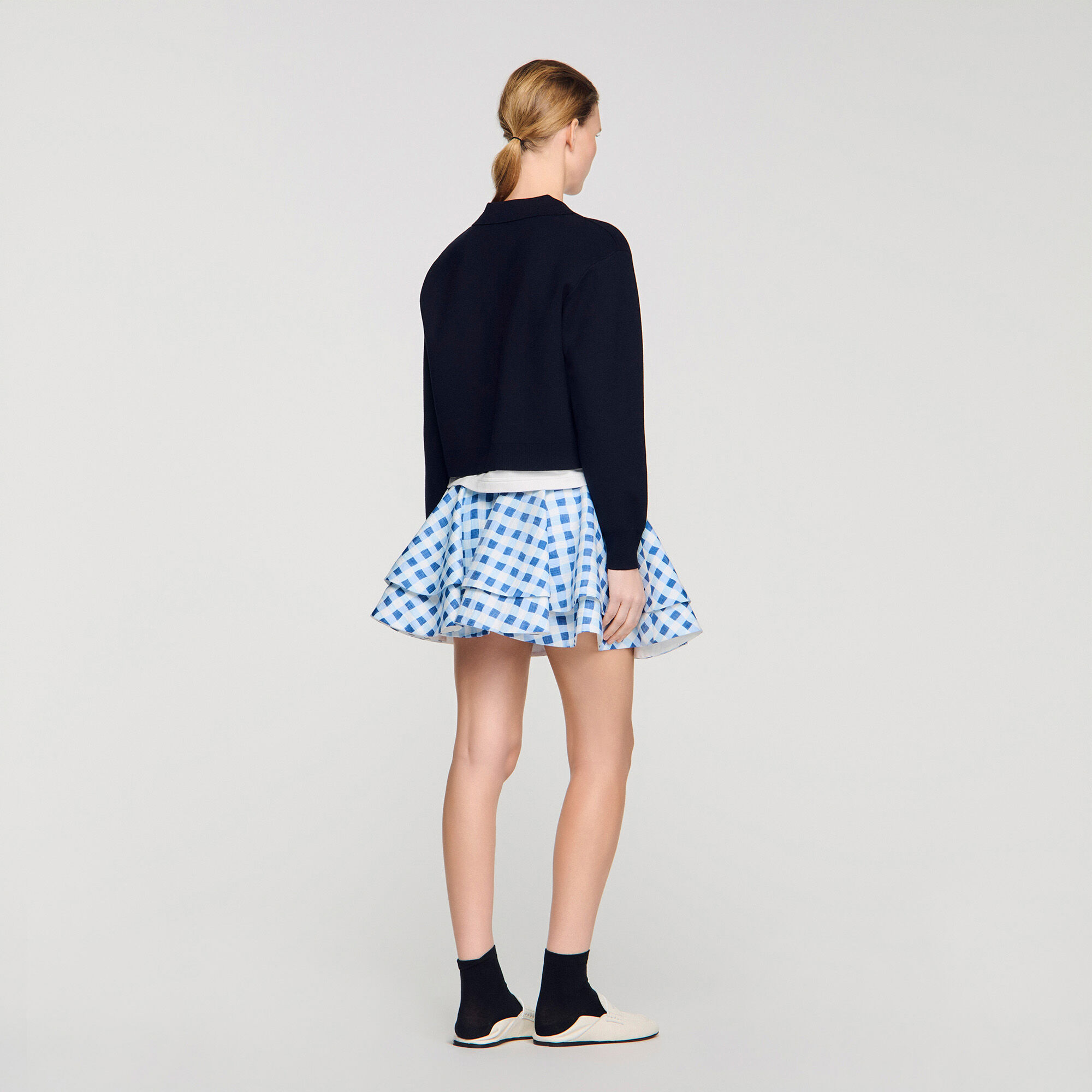 Metal button layered collar sweater in Navy Blue for Women