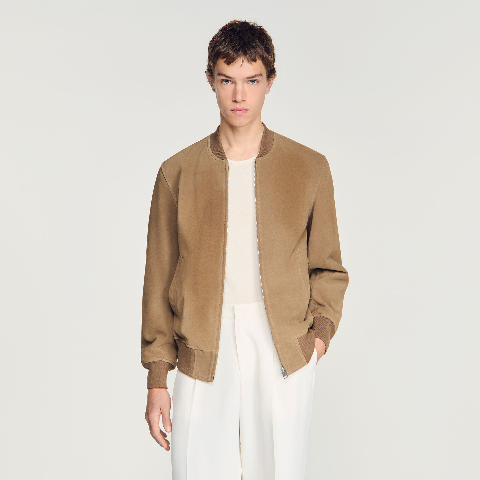 Zip-up split suede jacket in Cappucino for Men | Sandro Paris