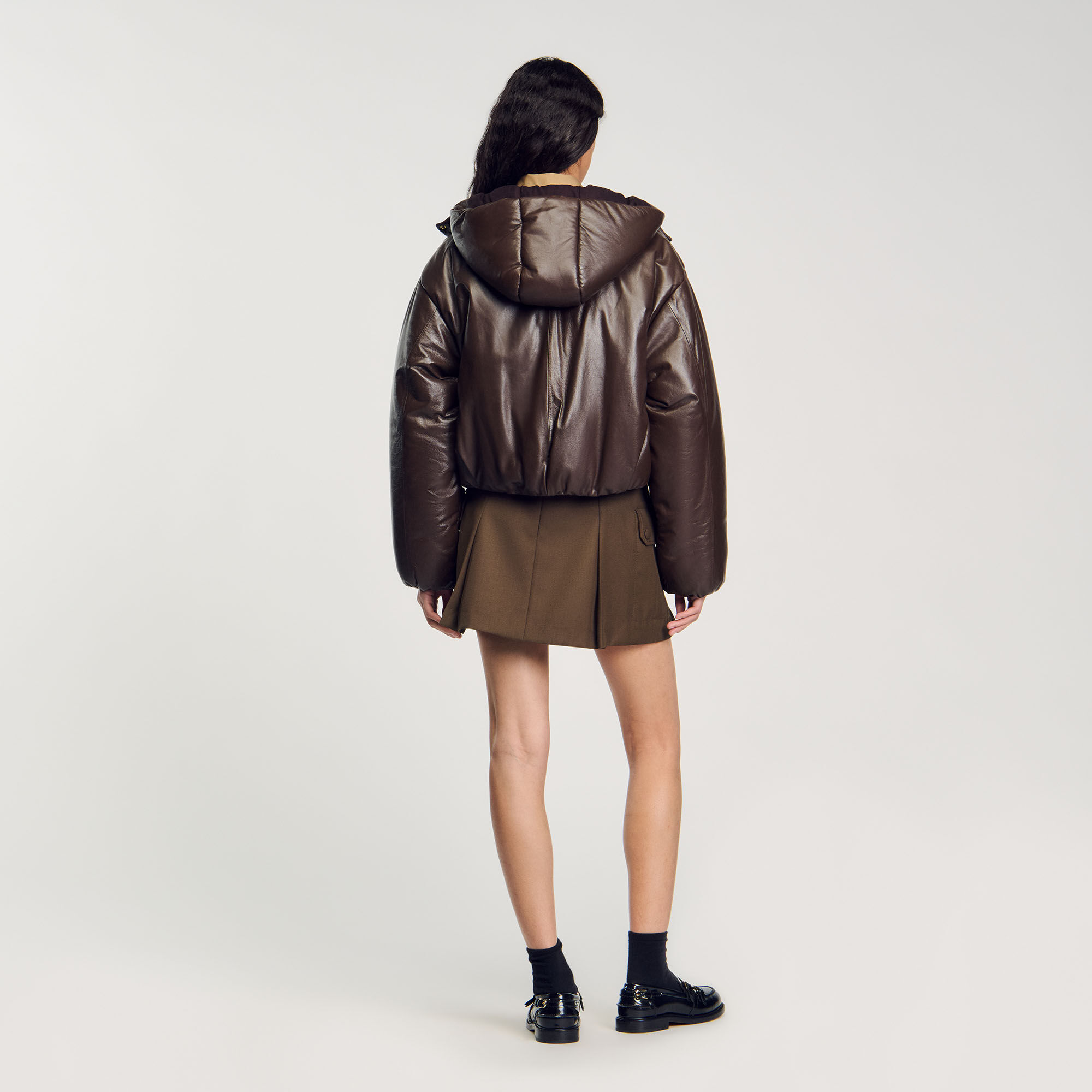 Glazed leather jacket brown For Women | Sandro Paris