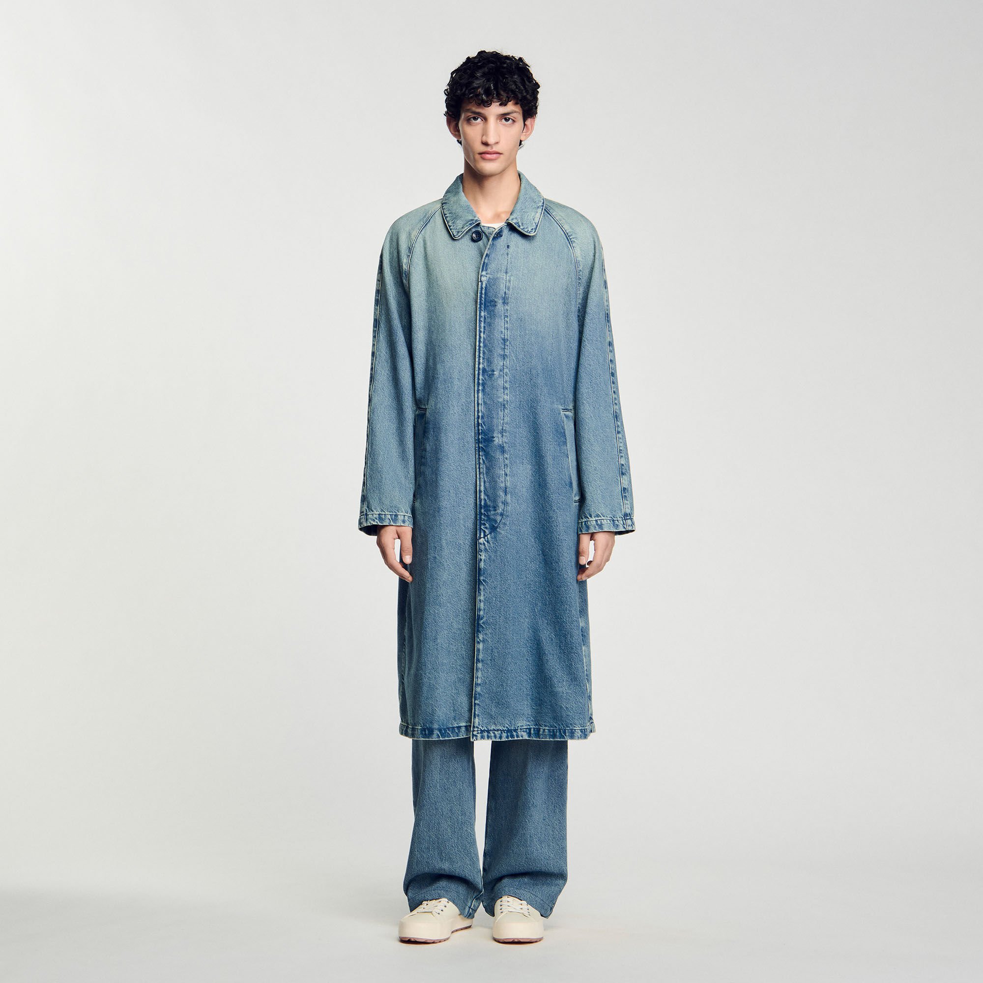 Long faded denim coat