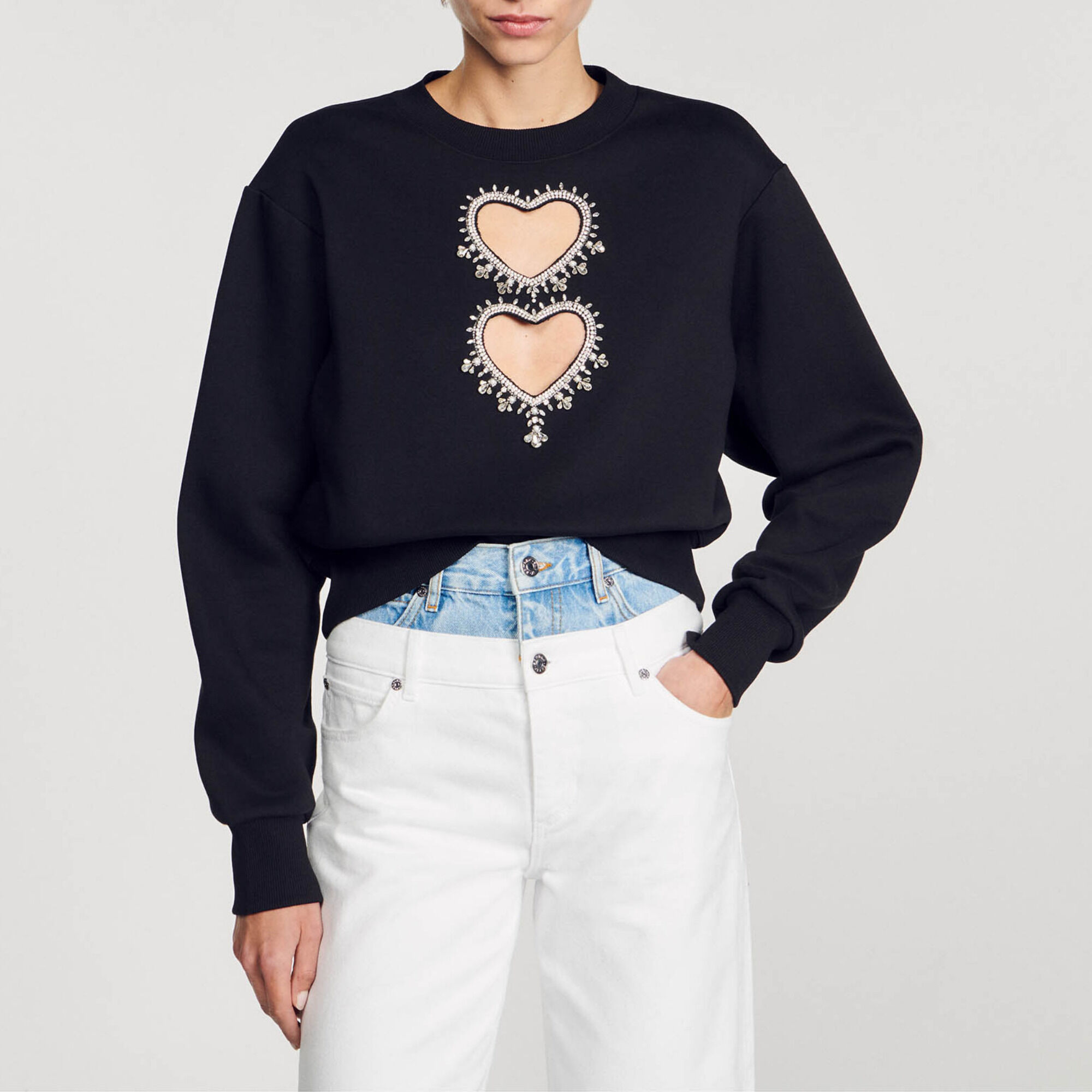 Sweatshirt with rhinestone hearts