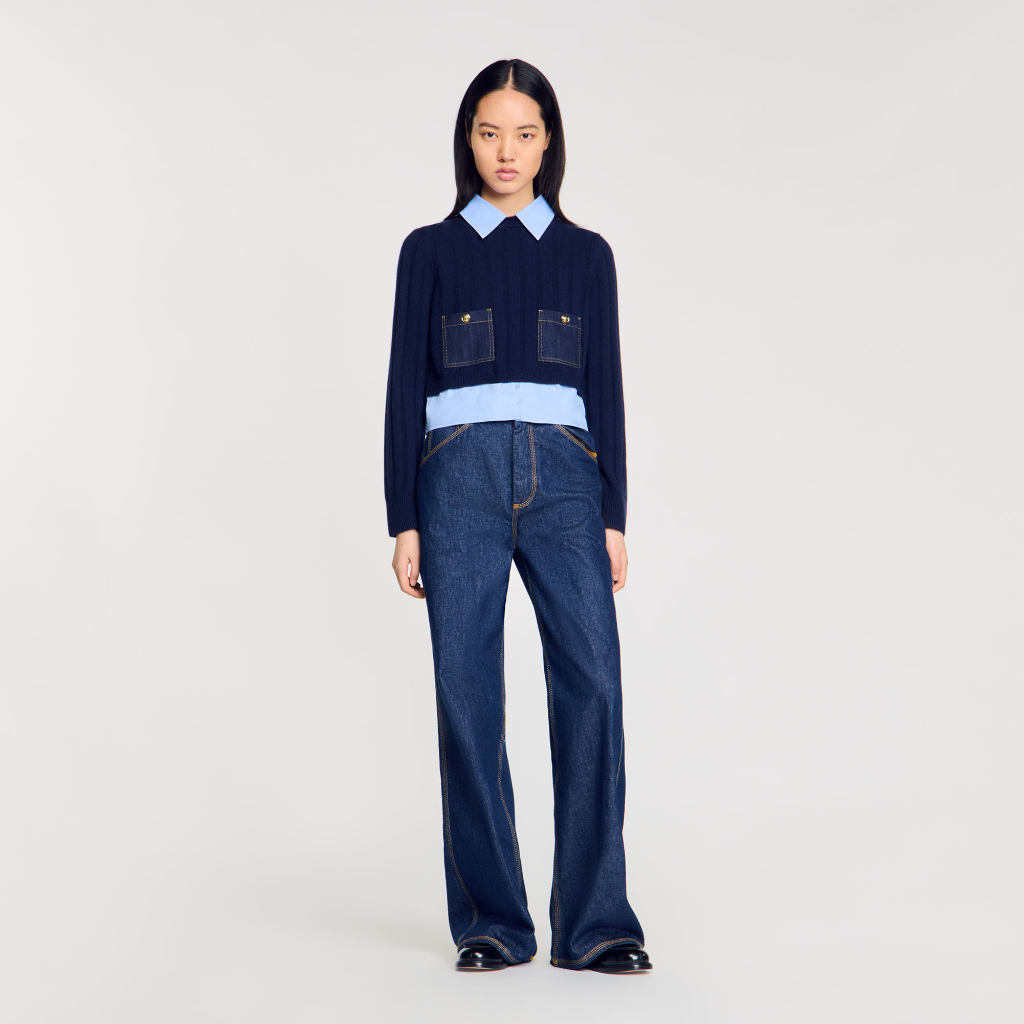 Cropped wool and cashmere sweater blue For Women | Sandro Paris