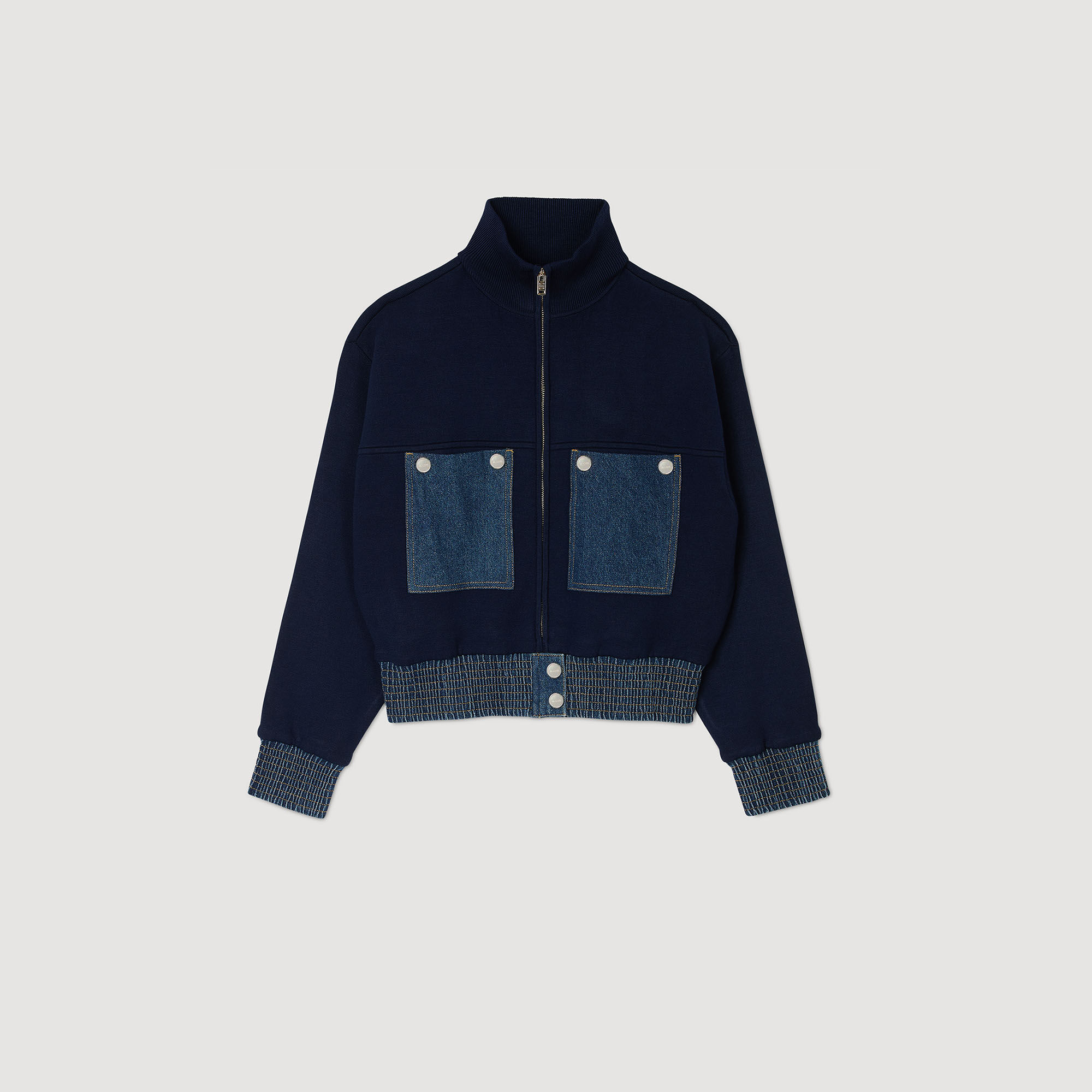 Knit and denim coatigan blue For Women | Sandro Paris Knit and denim coatigan blue For Women | Sandro Paris