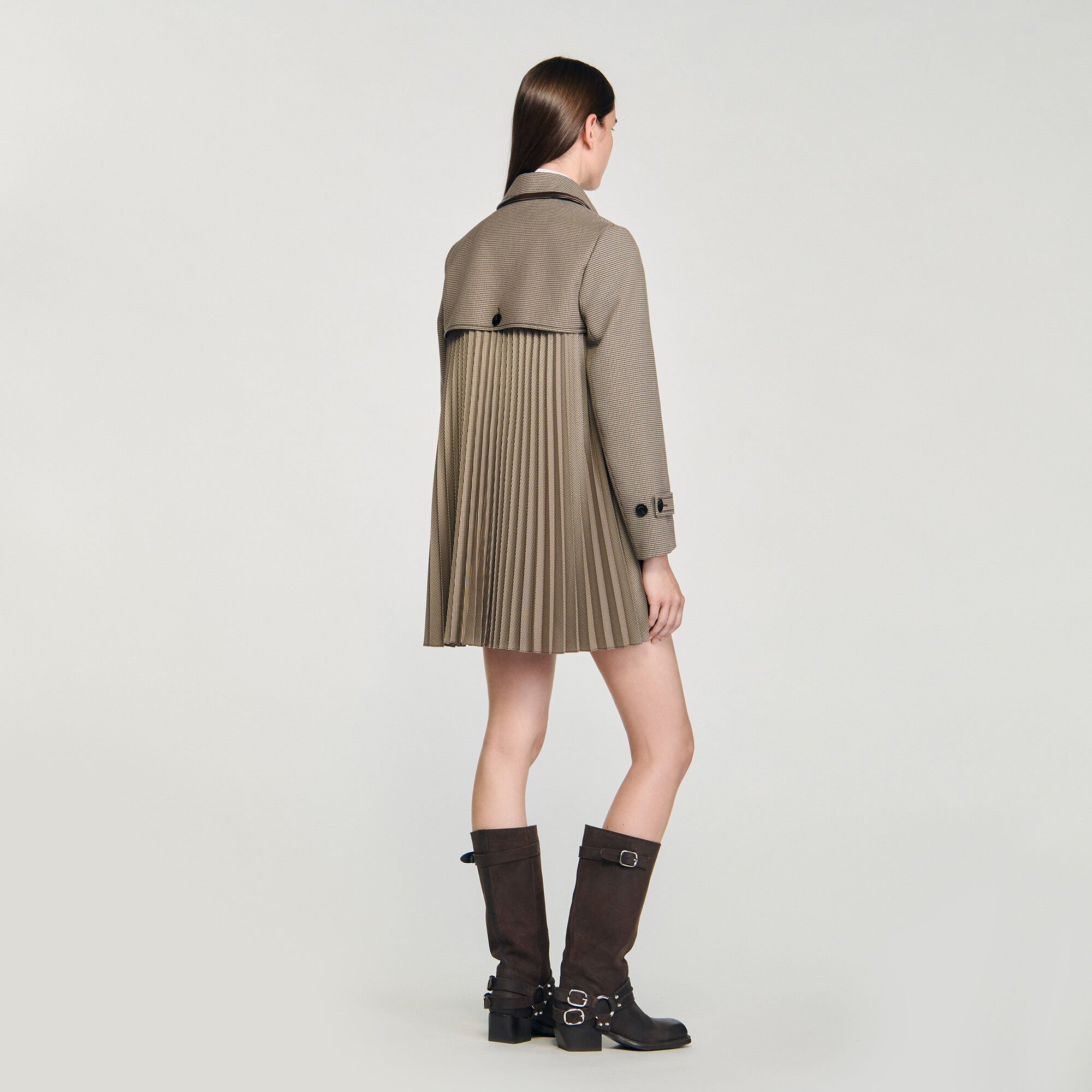 Houndstooth trench, leather collar Houndstooth trench, leather collar