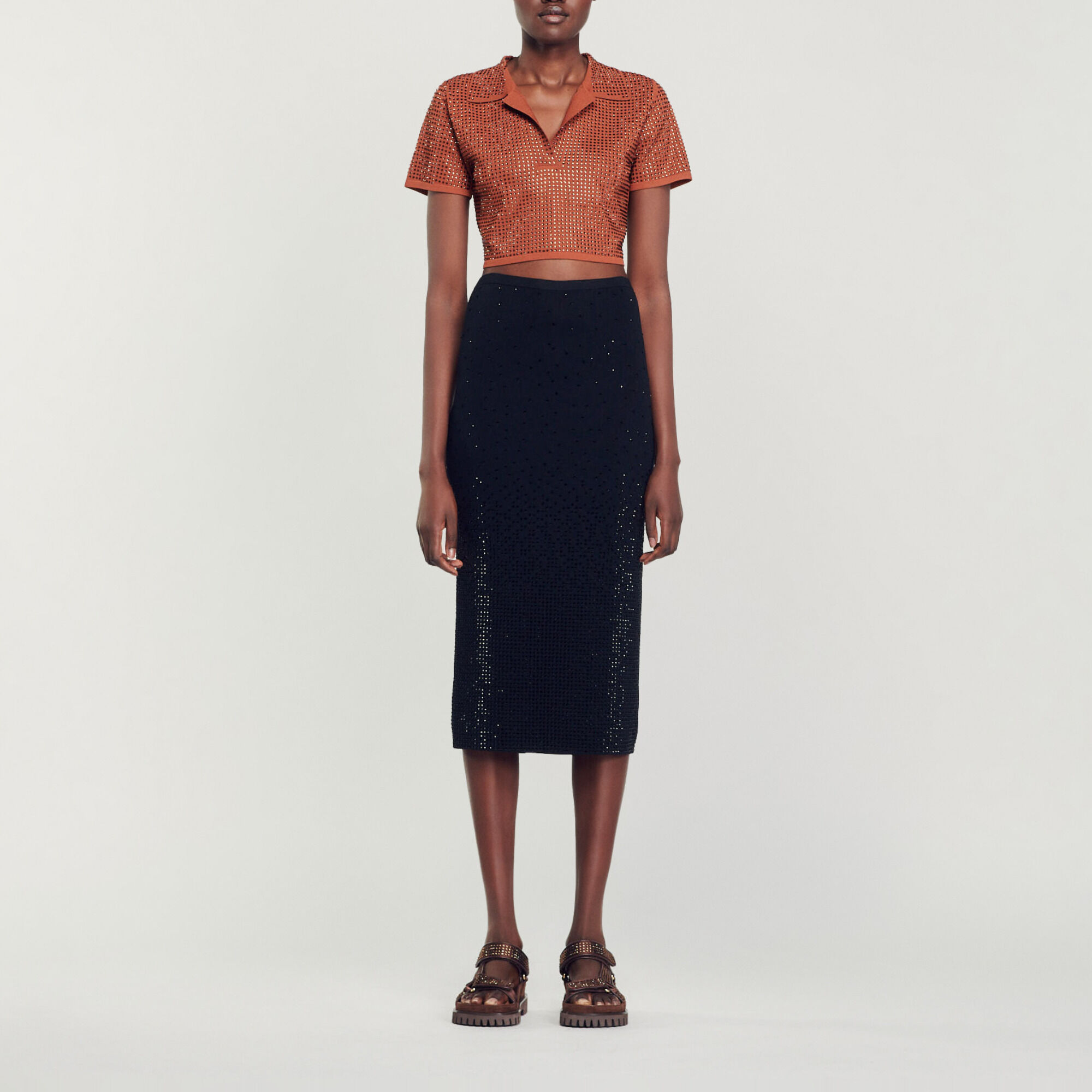 munari★ Mini pleated rhinestone skirt blue For Women | Sandro Paris