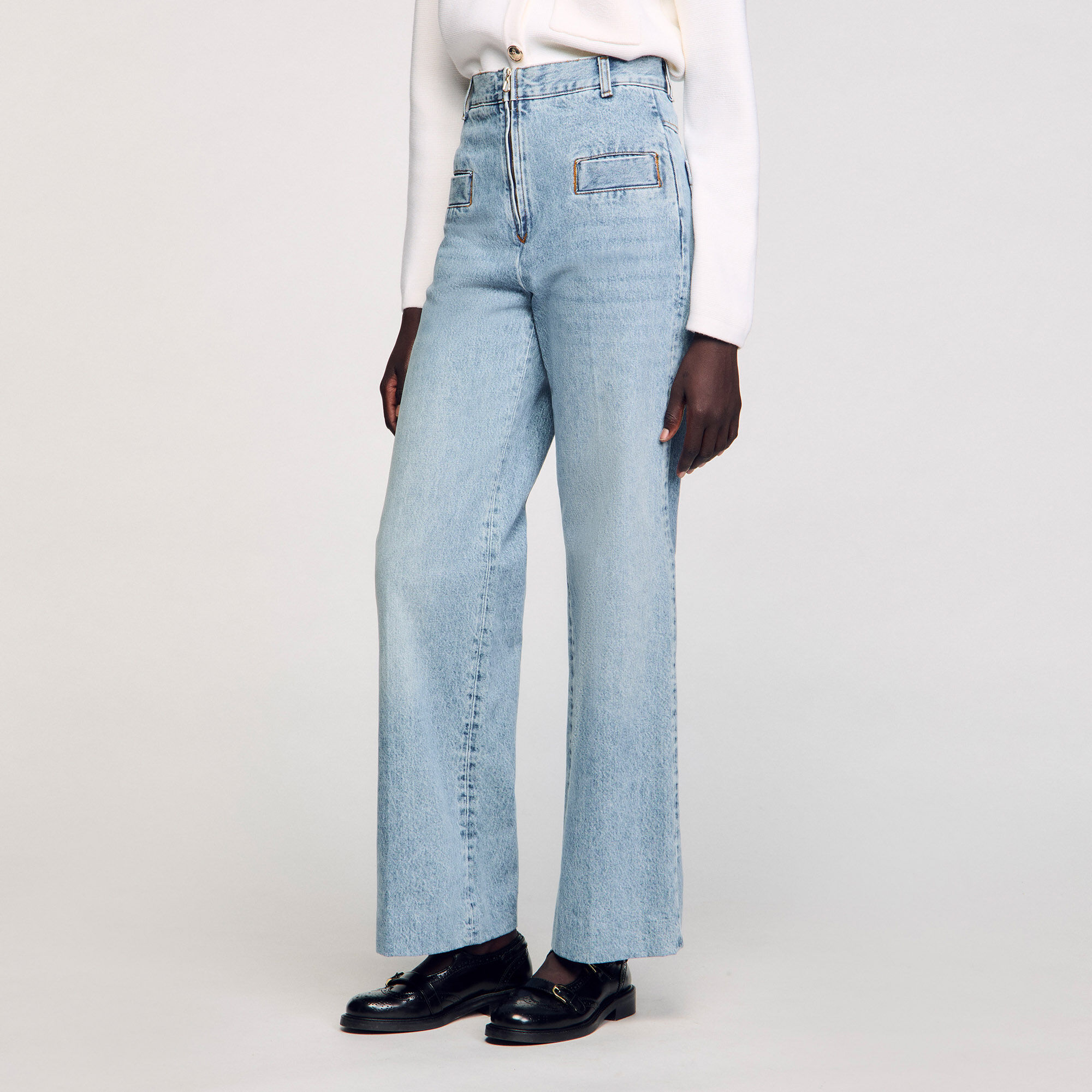 Wide-leg rhinestone jeans blue For Women | Sandro Paris