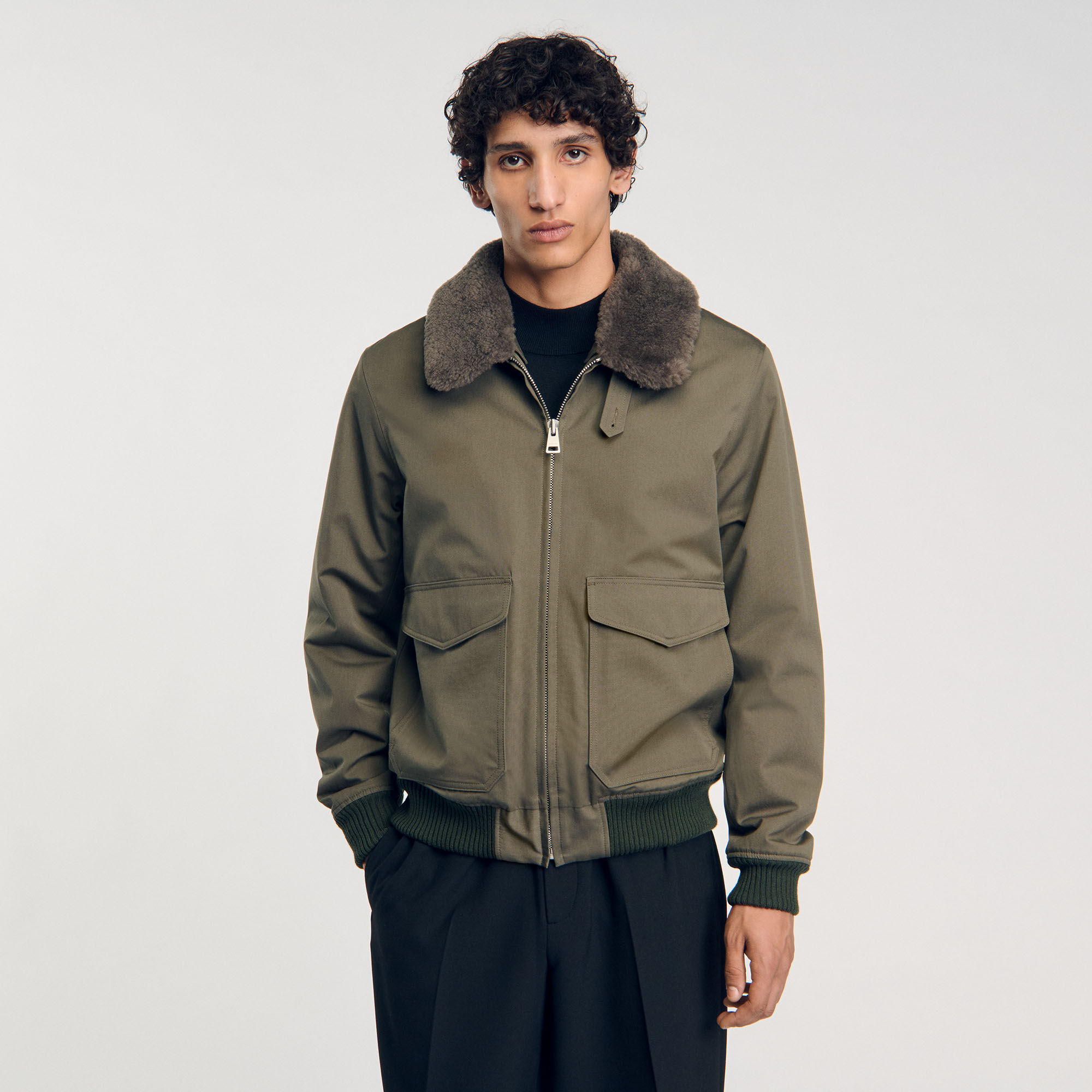 Fur collar jacket green for Men | Sandro Paris