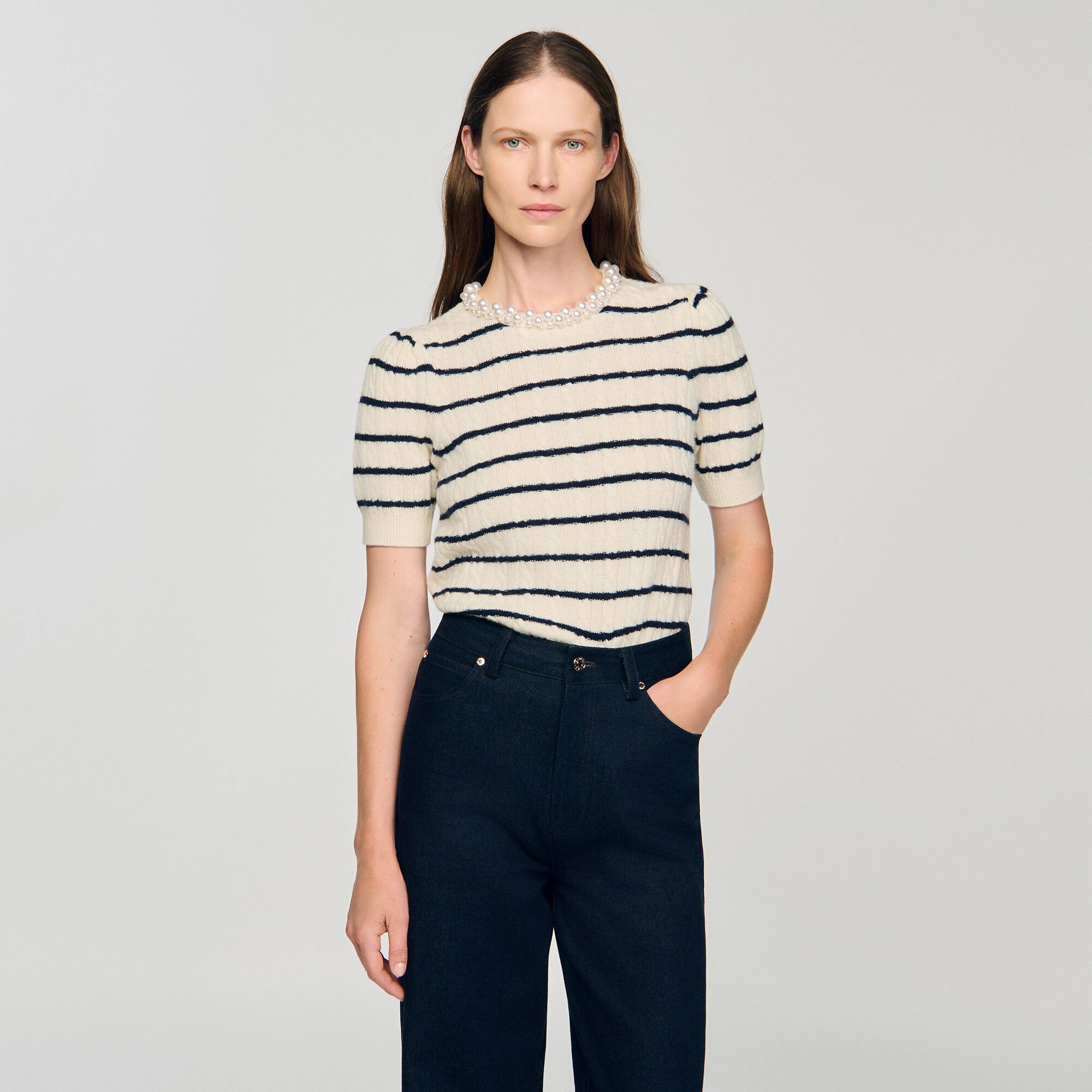 Striped sweater with pearl collar