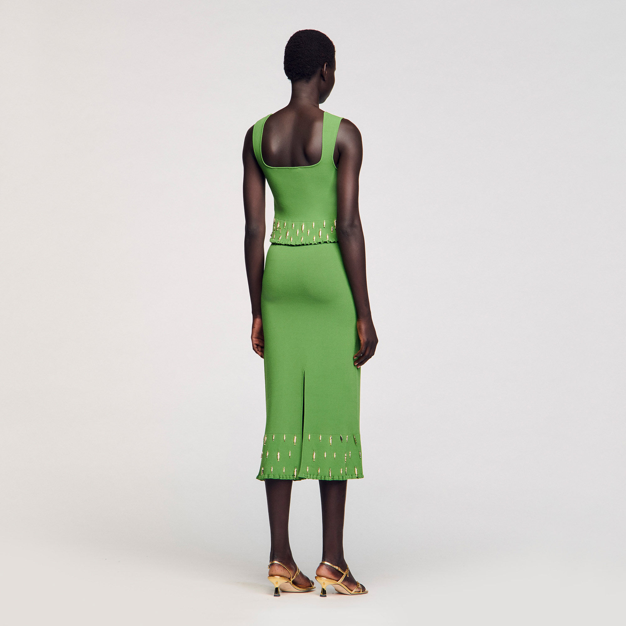 【海外限定】Sandroスカート☆Fish-Charm Flared-Hem Stretch-Kn Maxi knit skirt with charms green For Women | Sandro Paris