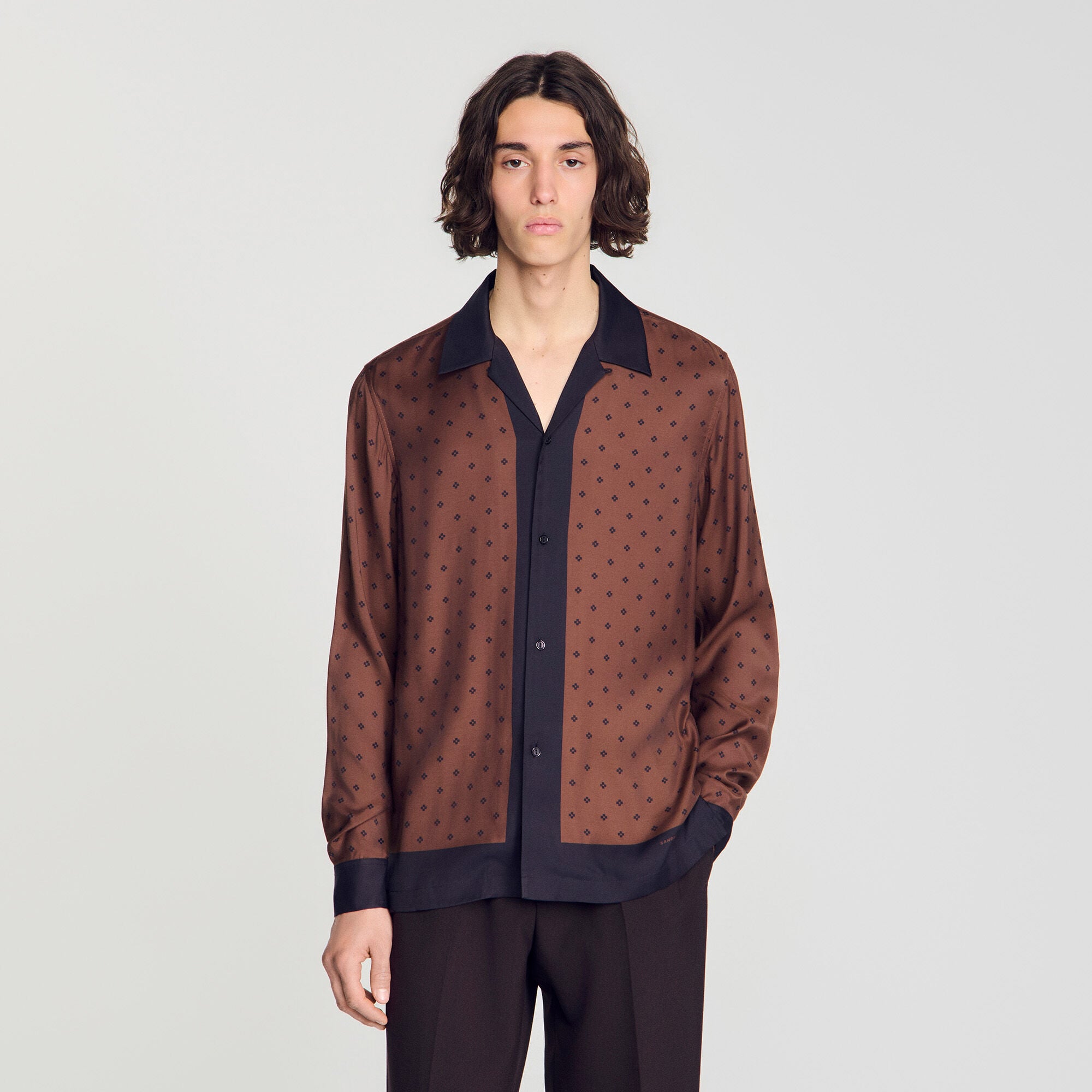 Square Cross motif shirt in Tobacco Brown for Men | Sandro Paris