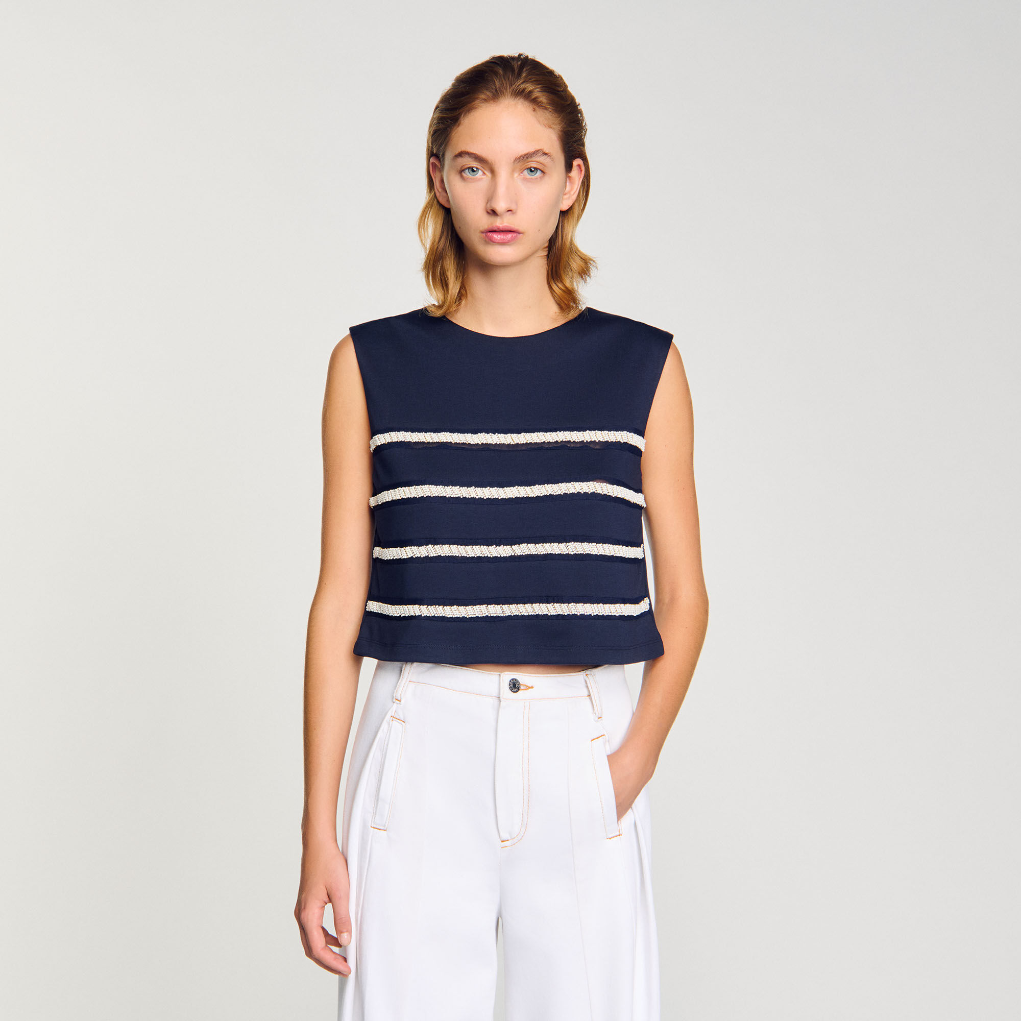 Sleeveless striped T-shirt blue For Women | Sandro Paris