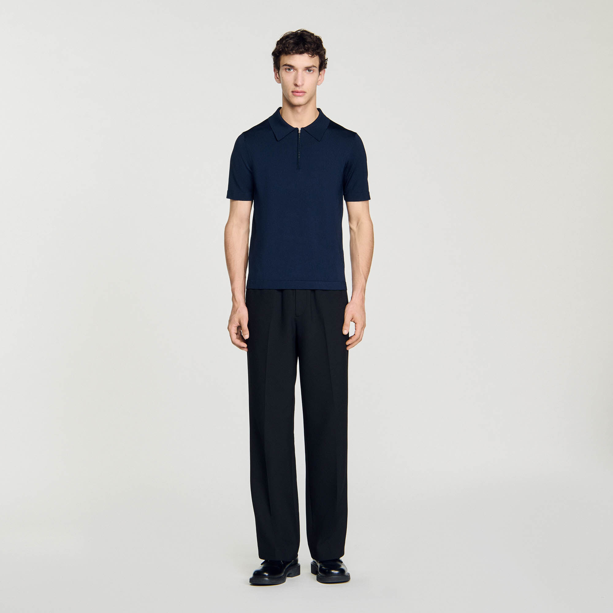 Knitted polo shirt with zip collar blue for Men | Sandro Paris