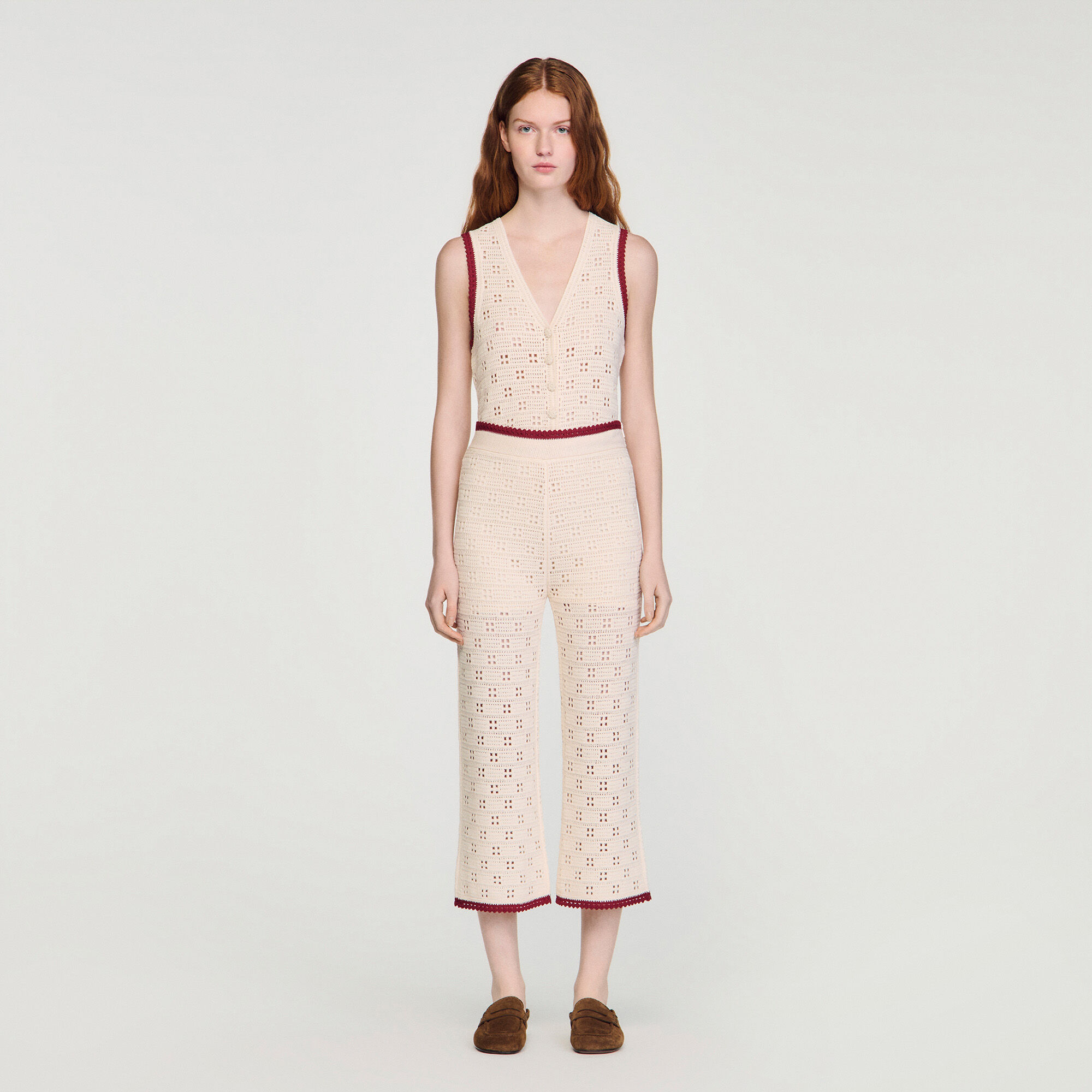 Crochet-look knit trousers in Ecru for Women | Sandro Paris