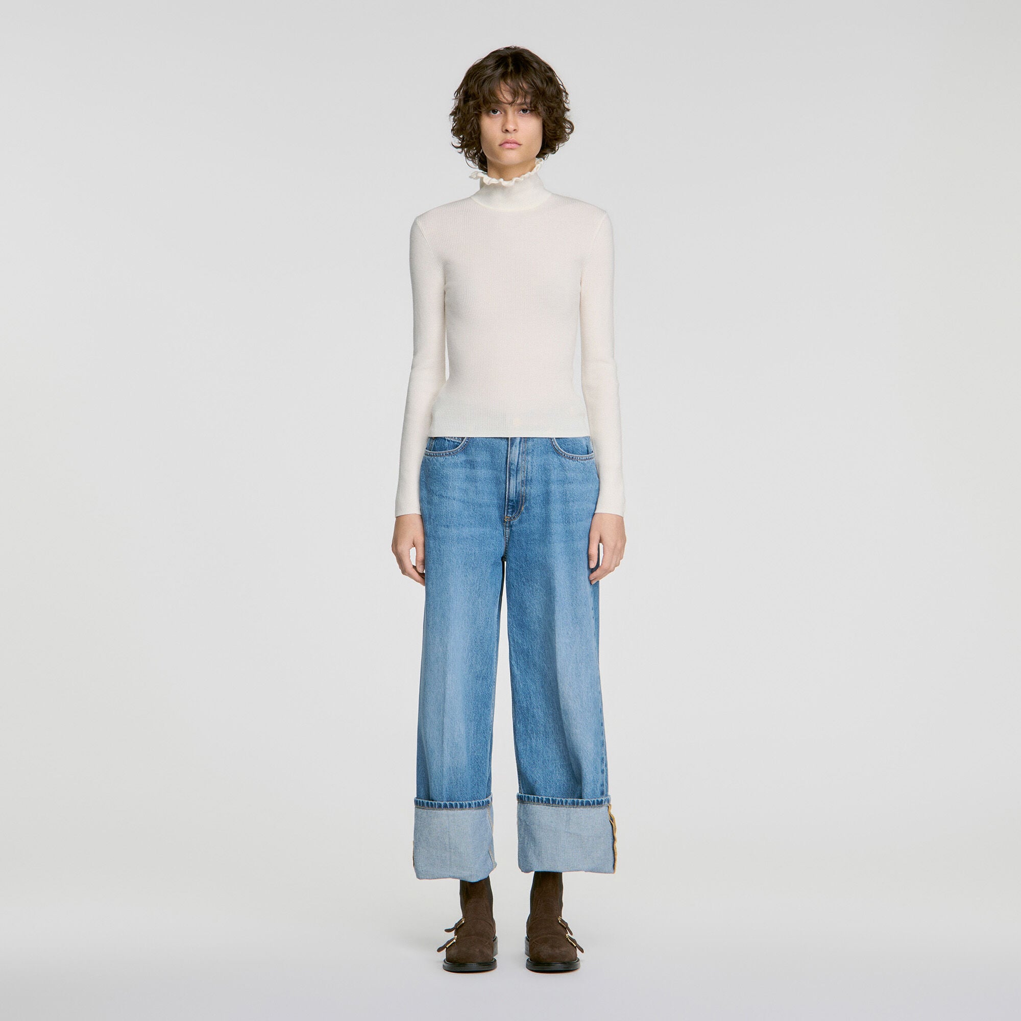 Ruffled roll-neck wool jumper