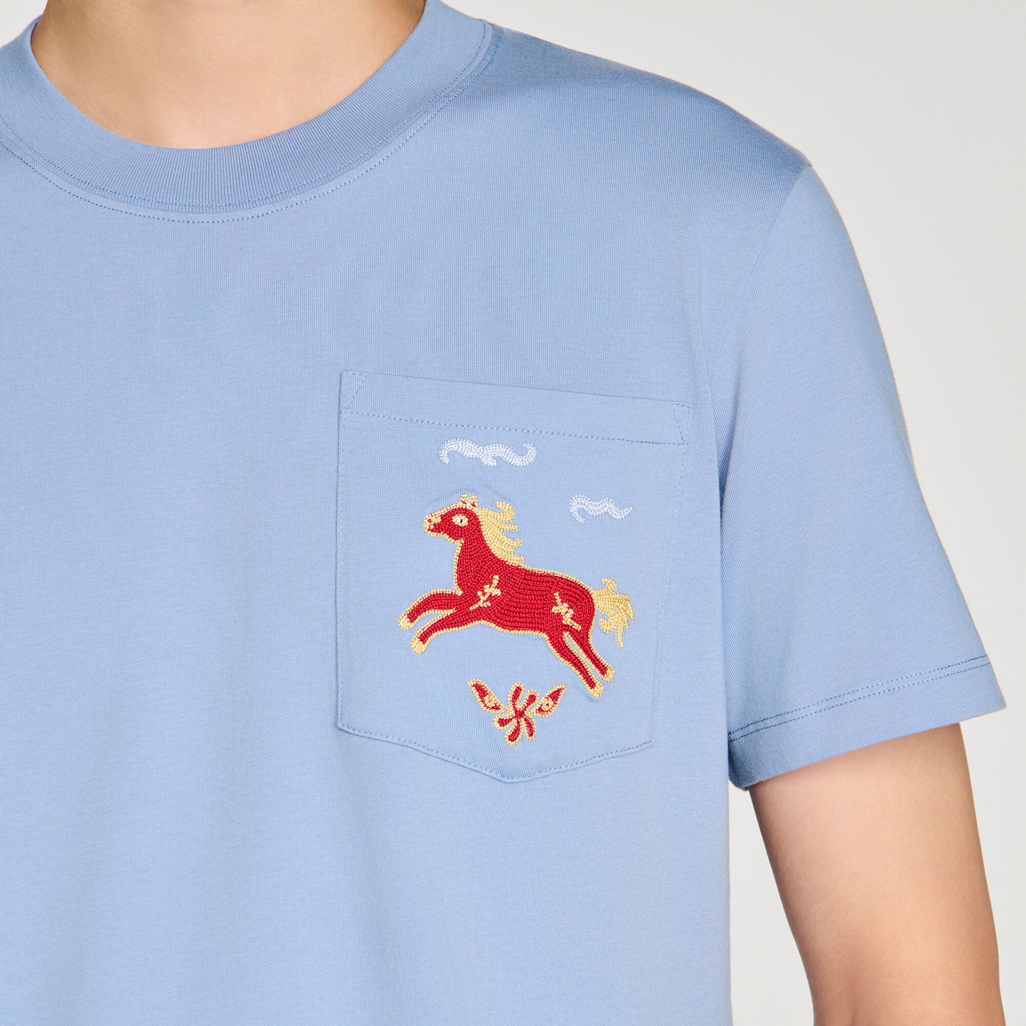 Embroidered horse cotton T-shirt in Sky Blue for Men | Sandro Paris