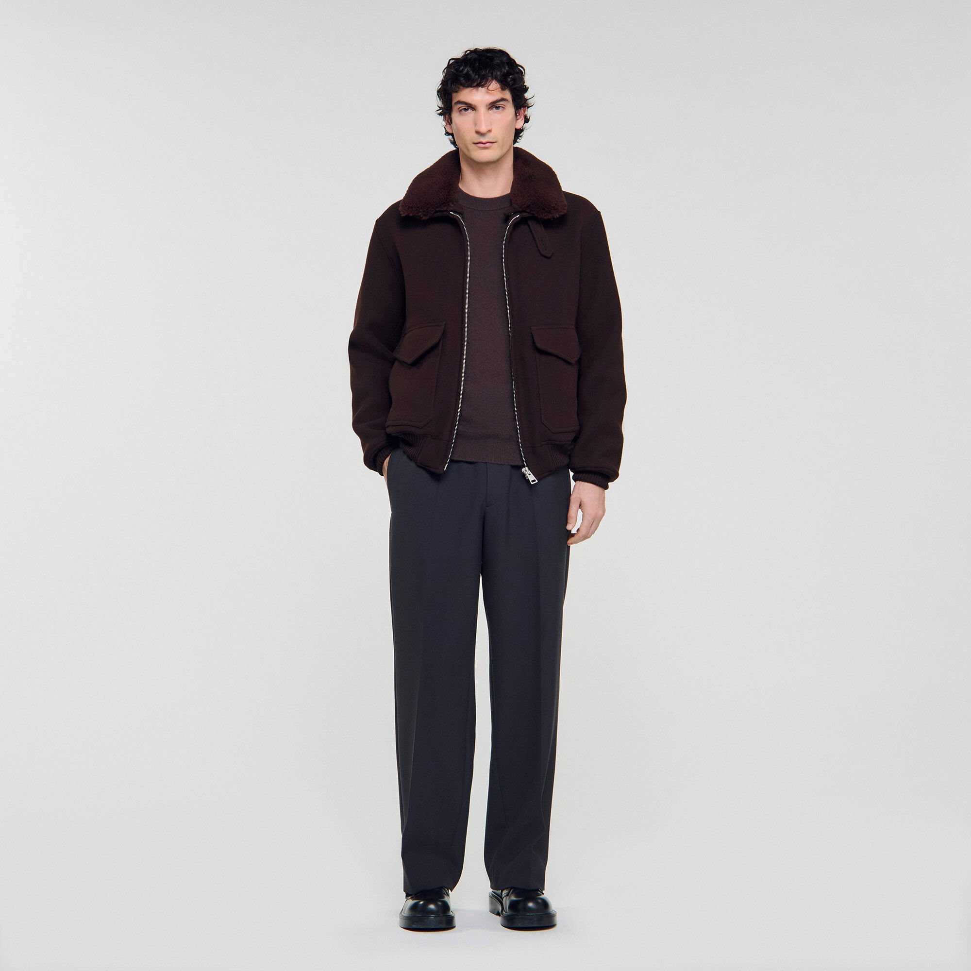 Wool aviator jacket with shearling