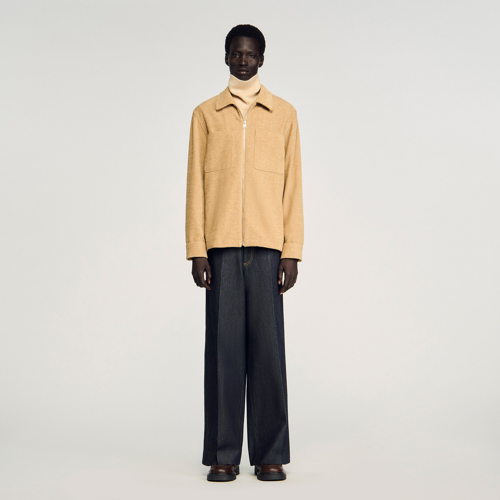 Corduroy zip-up overshirt in Camel for Men | Sandro Paris