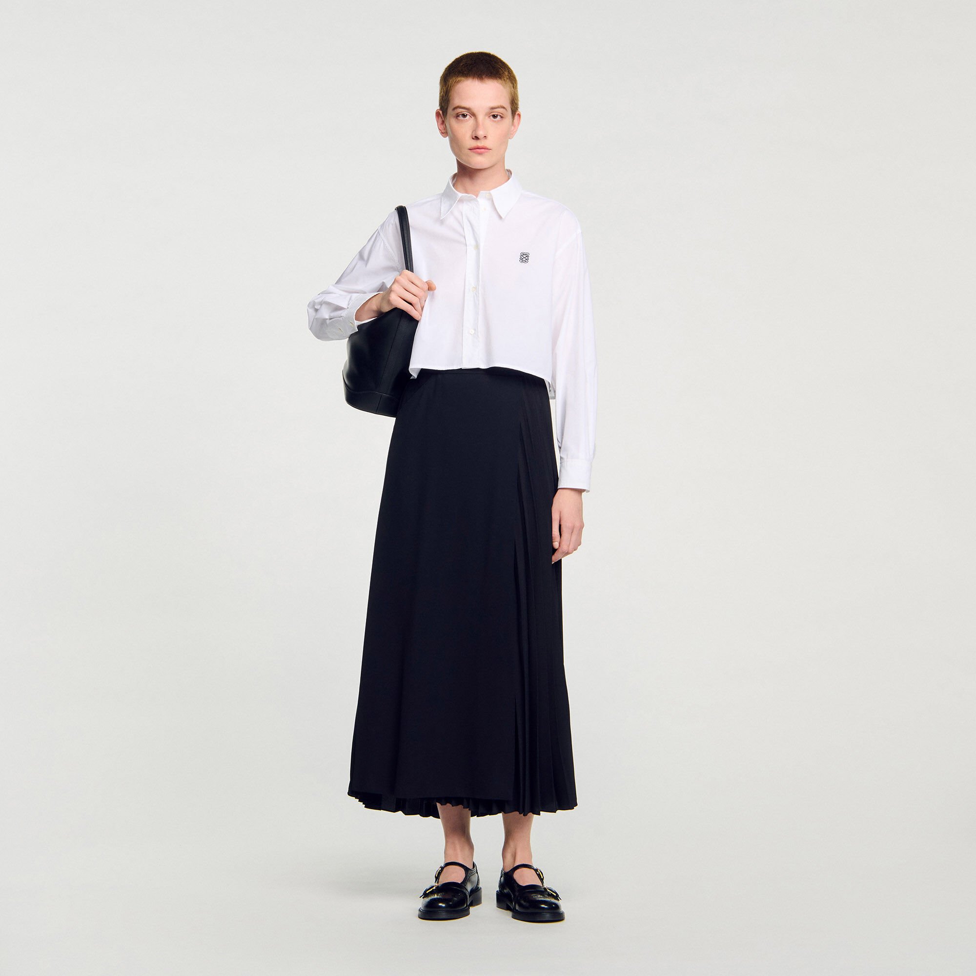 【海外限定】Sandroスカート☆Chain-embellished pleated woven Curb chain buckle pleated skirt black / gray For Women