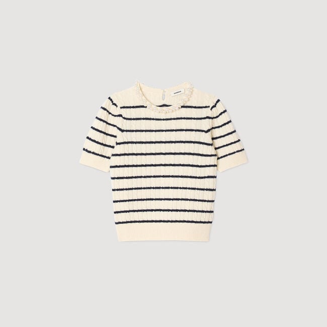 Striped sweater with pearl collar