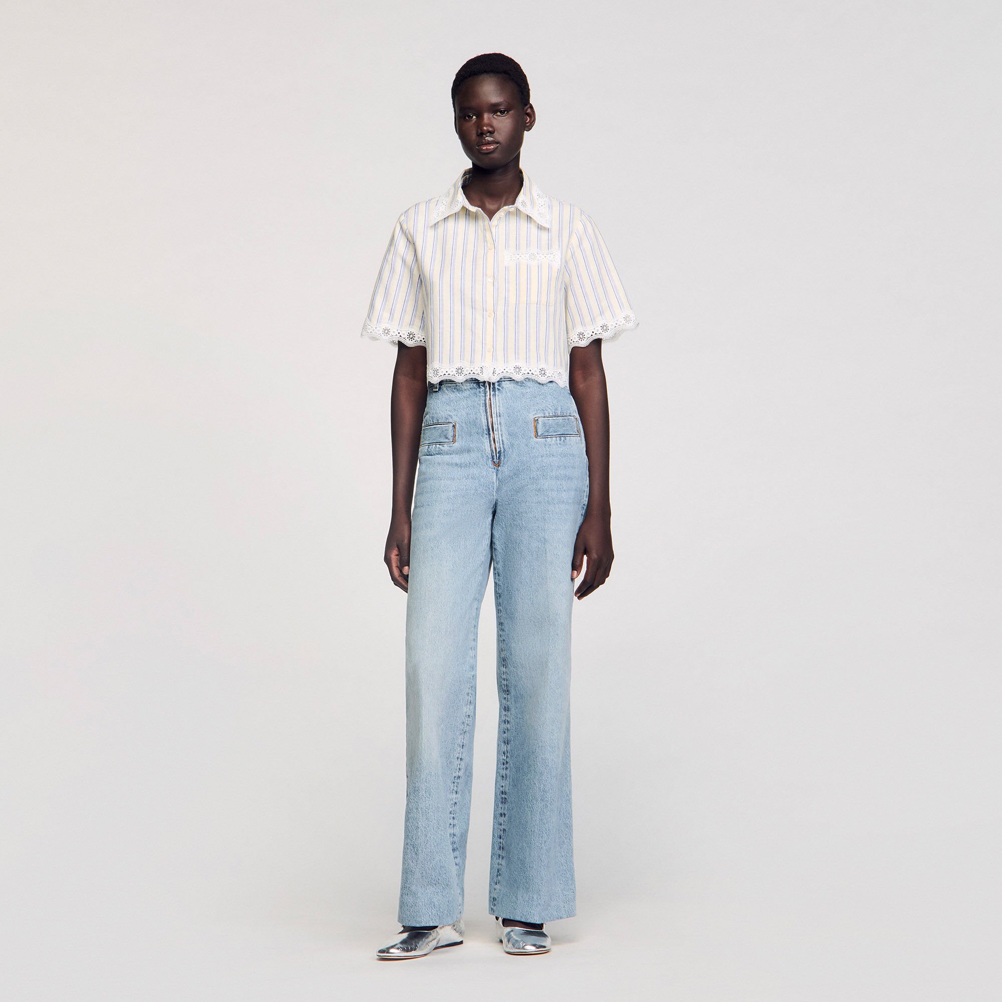 Striped cropped shirt with lace trim