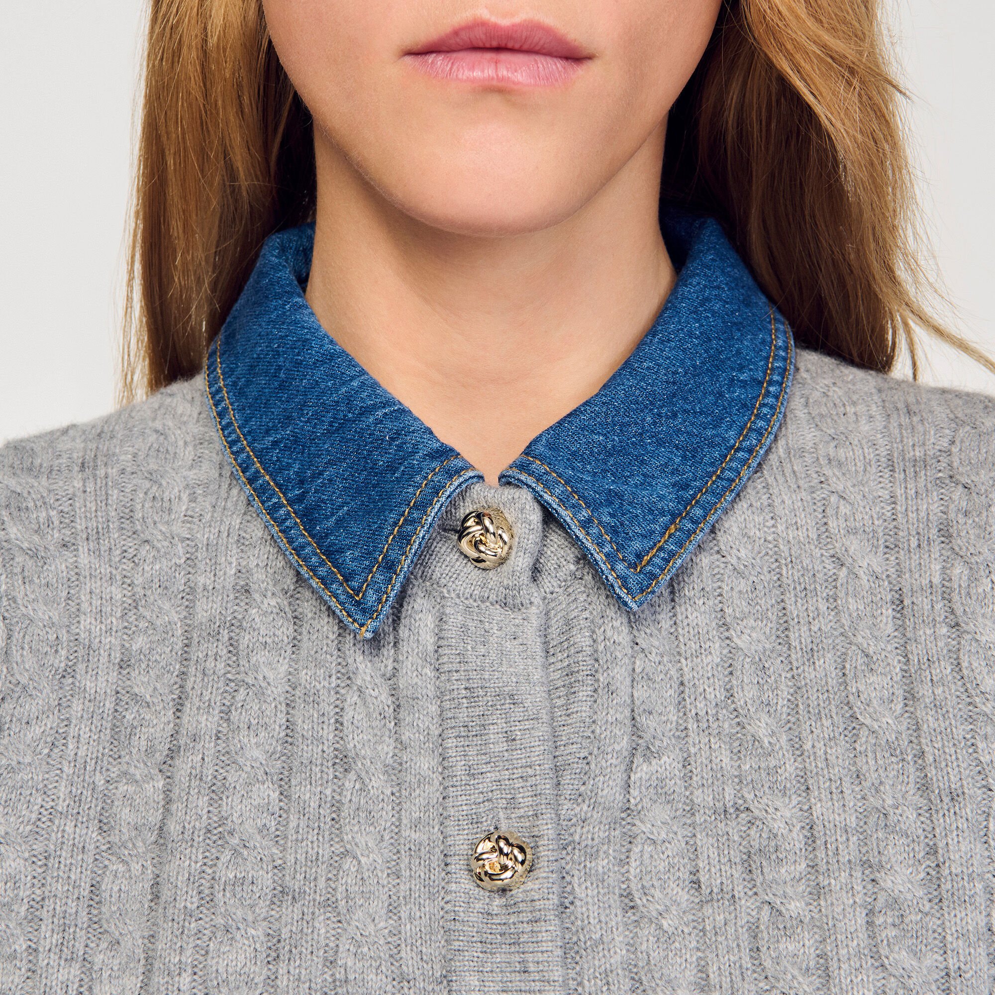 Cardigan with denim collar
