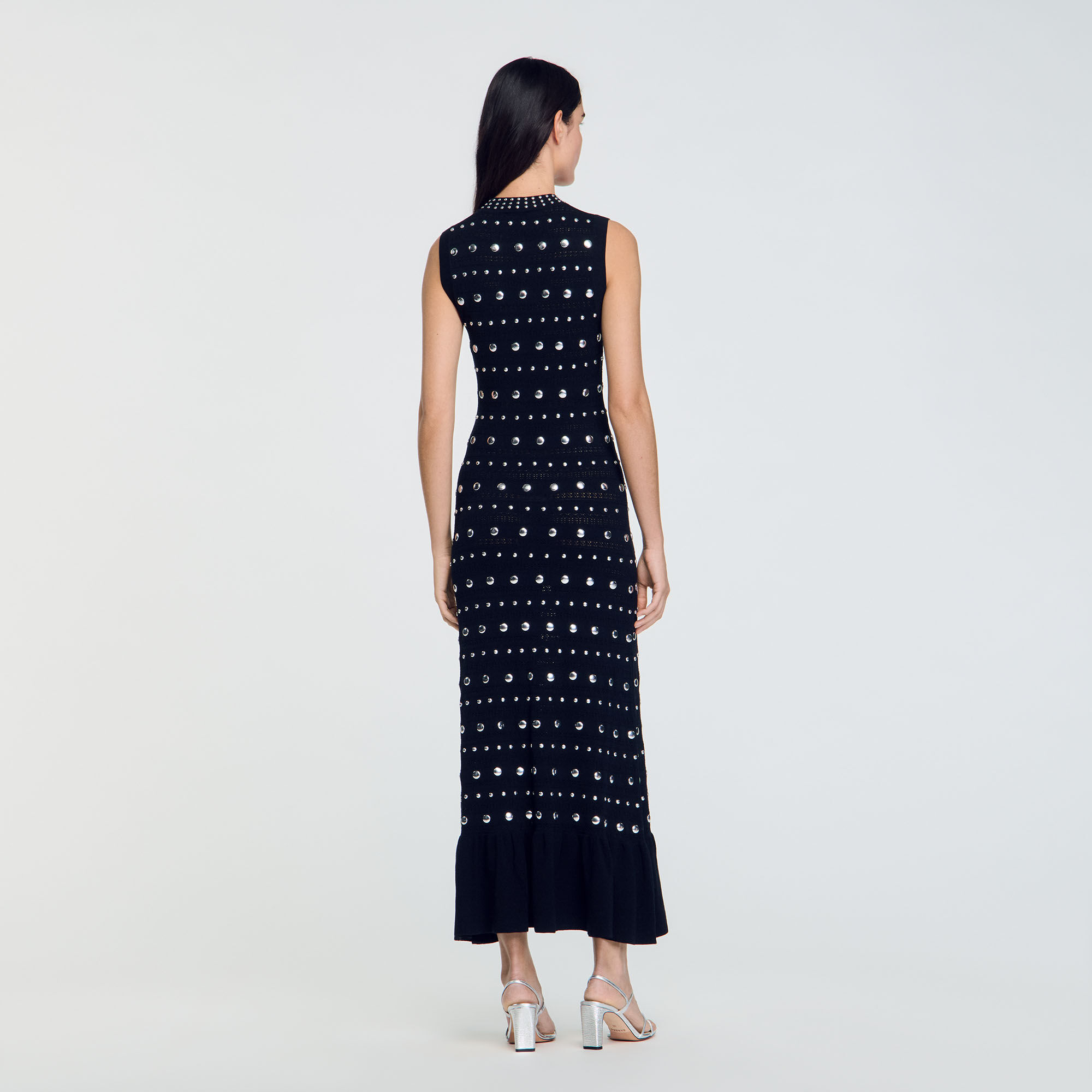 Knit maxi dress with studs black / gray For Women | Sandro Paris Knit maxi dress with studs black / gray For Women | Sandro Paris