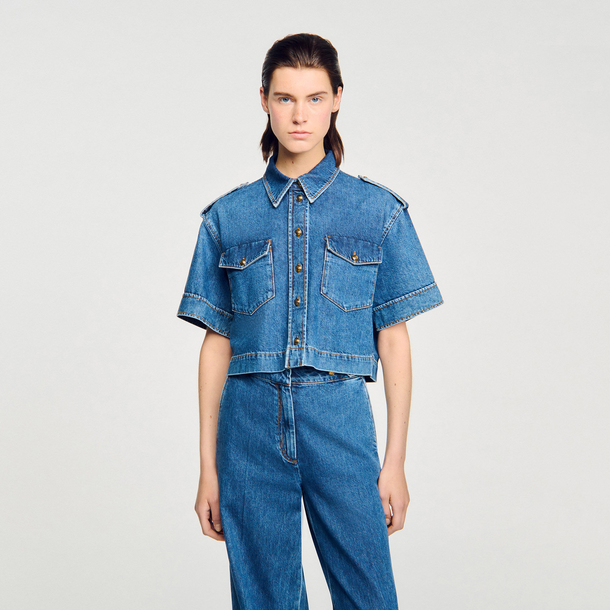Cropped denim shirt blue For Women | Sandro Paris