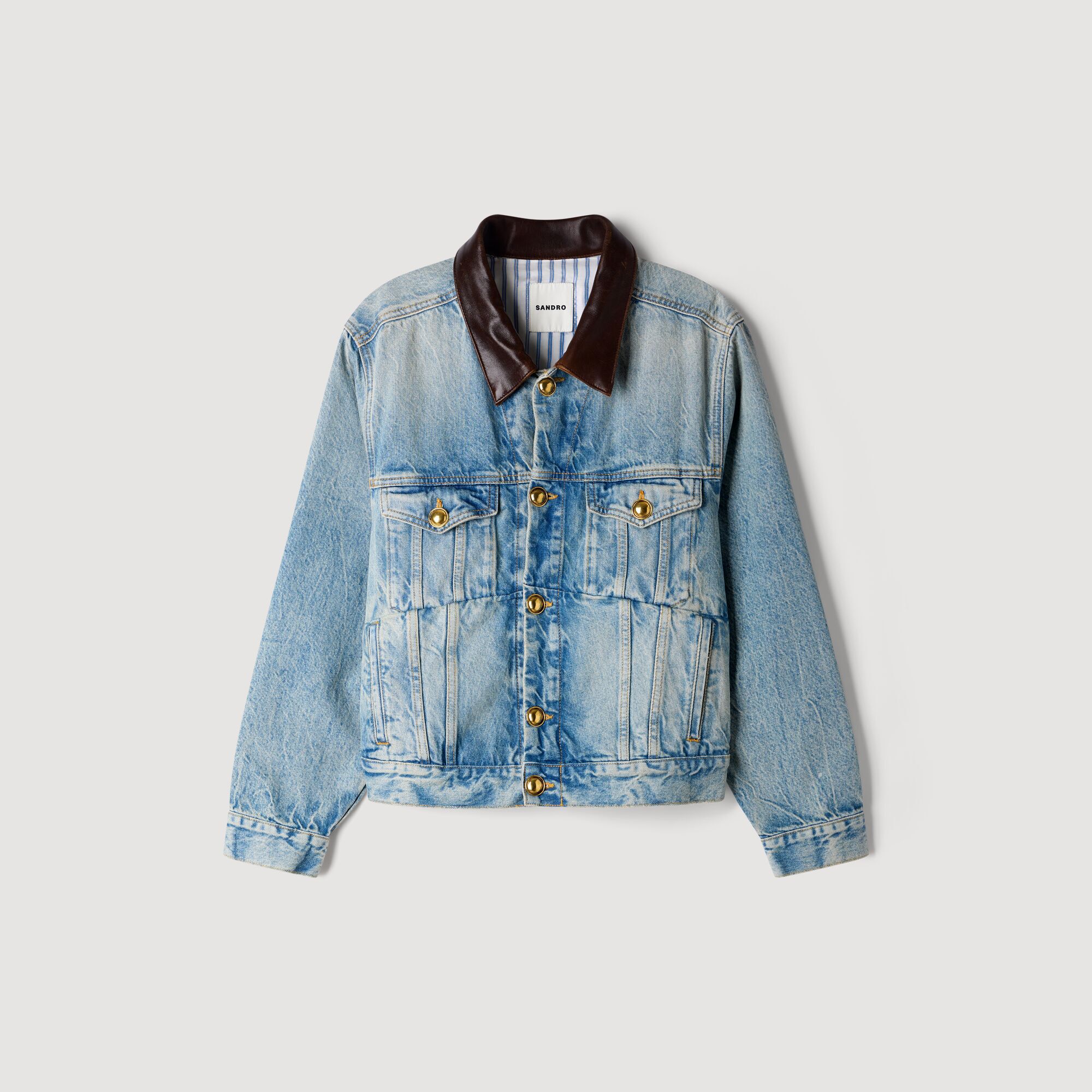 【美品✨】L'Appartement Boys denim Jacket 金釦 Denim jacket with leather collar in Blue Jean for Women | Sandro Paris