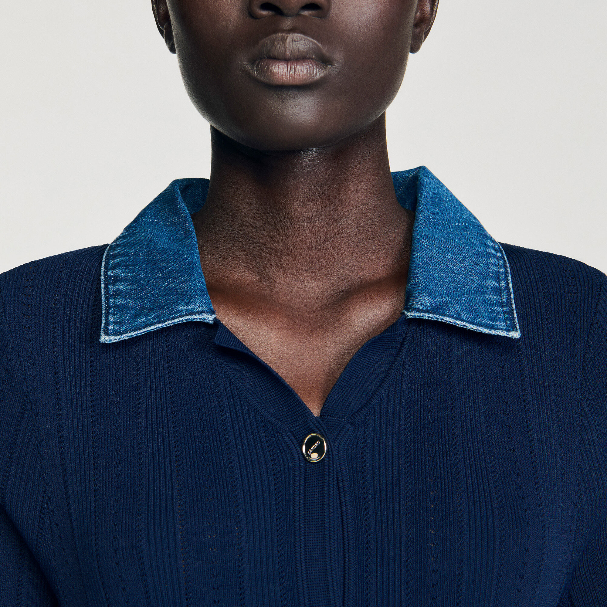 Denim collar knit maxi dress