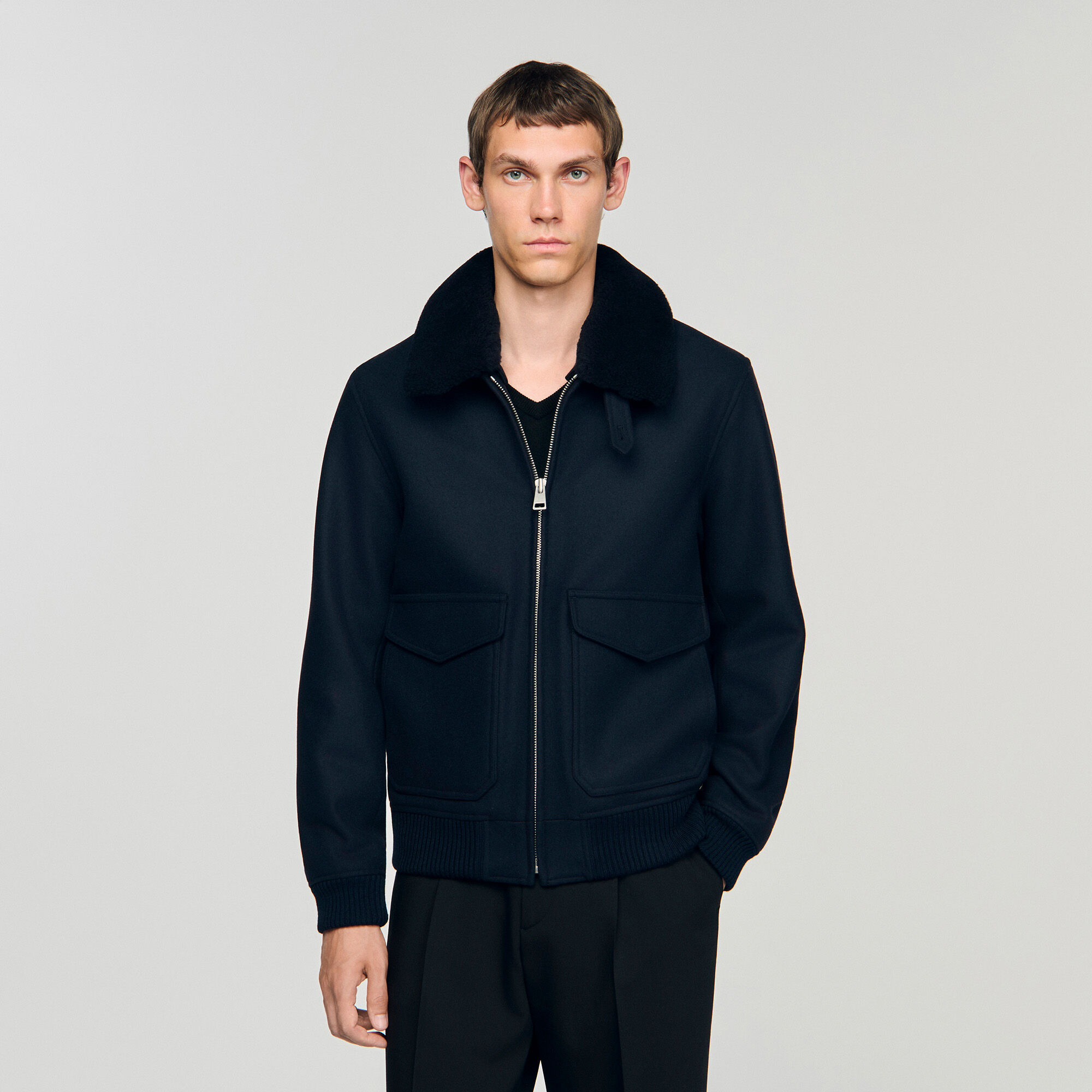 Wool aviator jacket with shearling blue for Men | Sandro Paris
