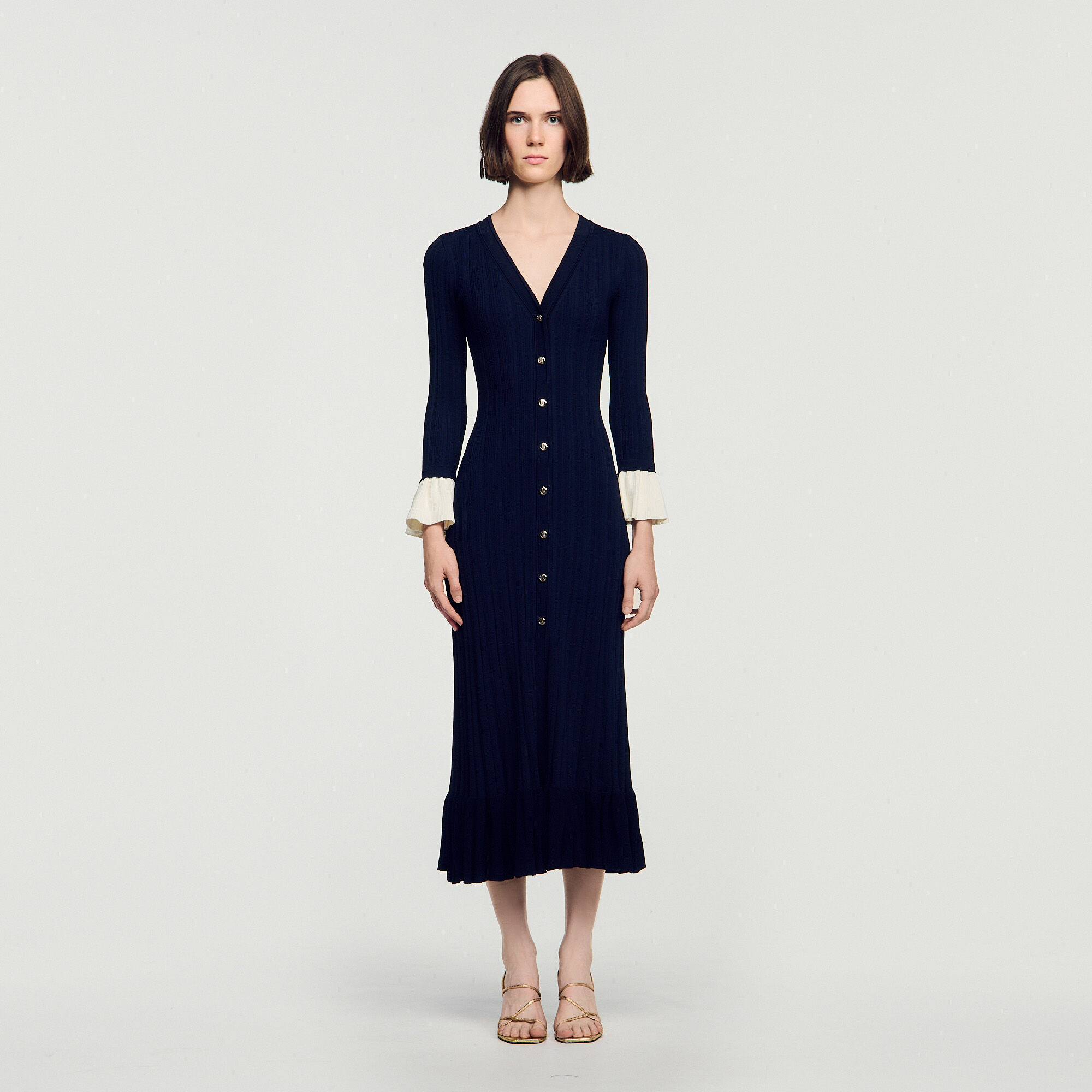 Two-tone knit midi dress in Navy Blue for Women | Sandro Paris