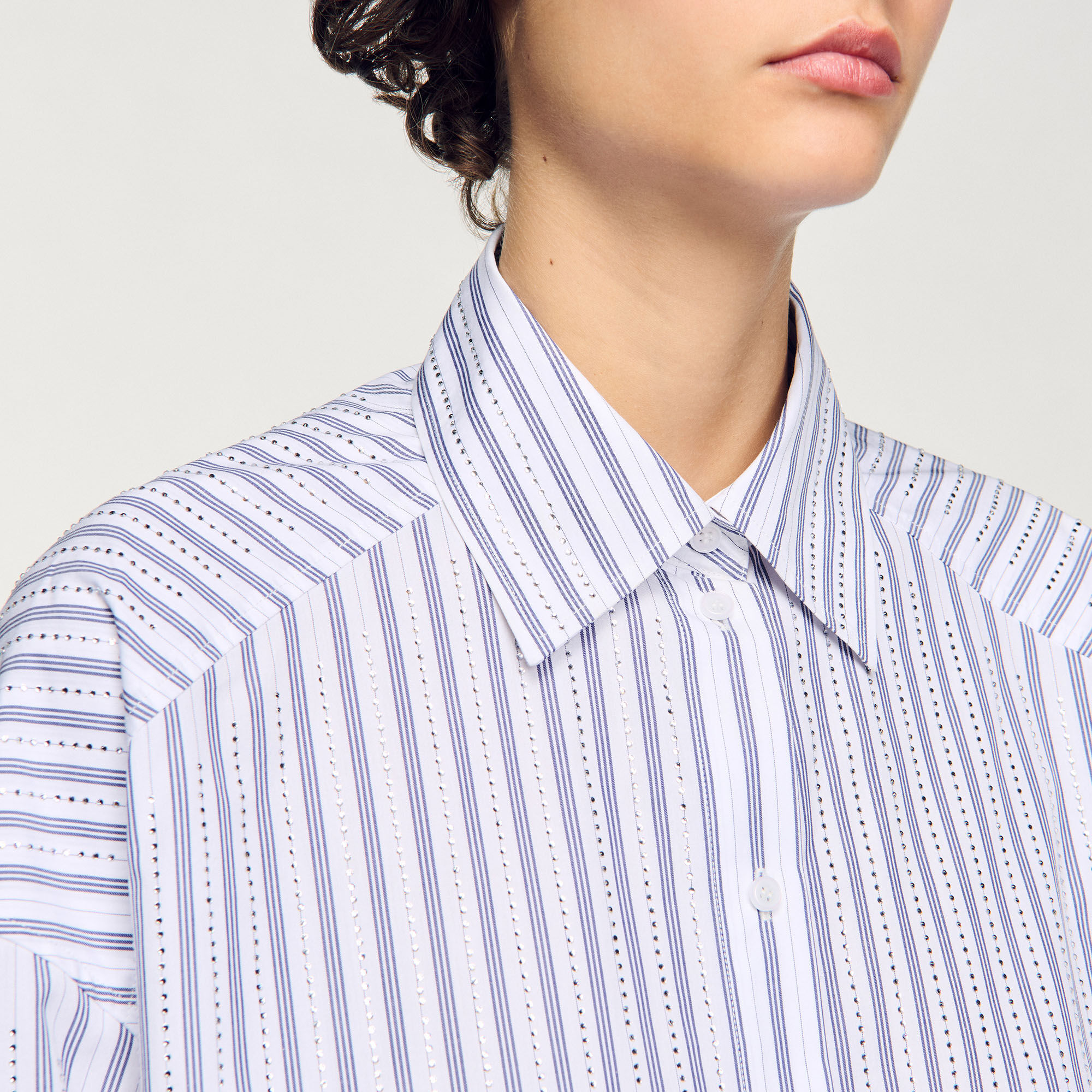 Striped rhinestone shirt white / beige For Women | Sandro Paris