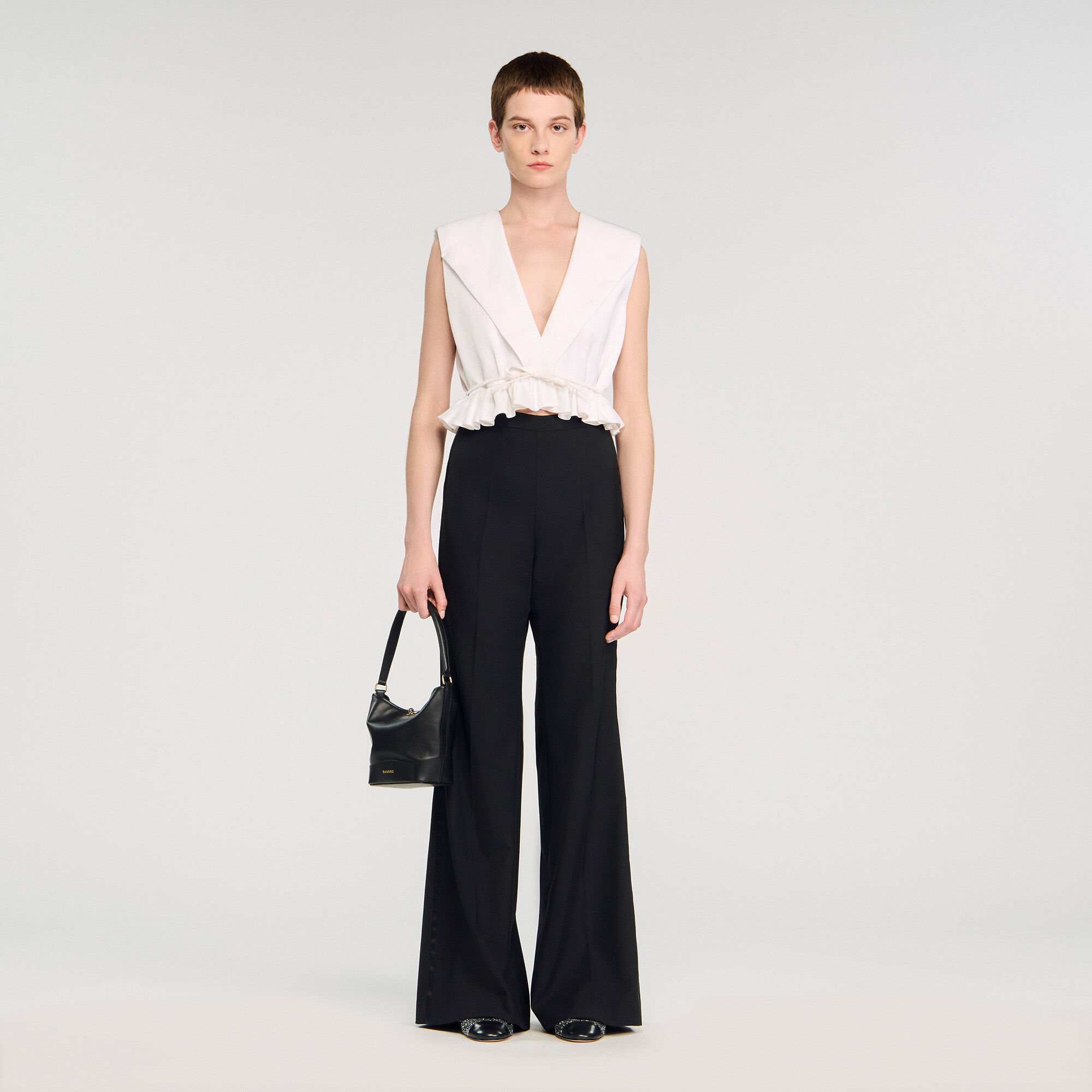 Satin stripe suit trousers black / gray For Women | Sandro Paris