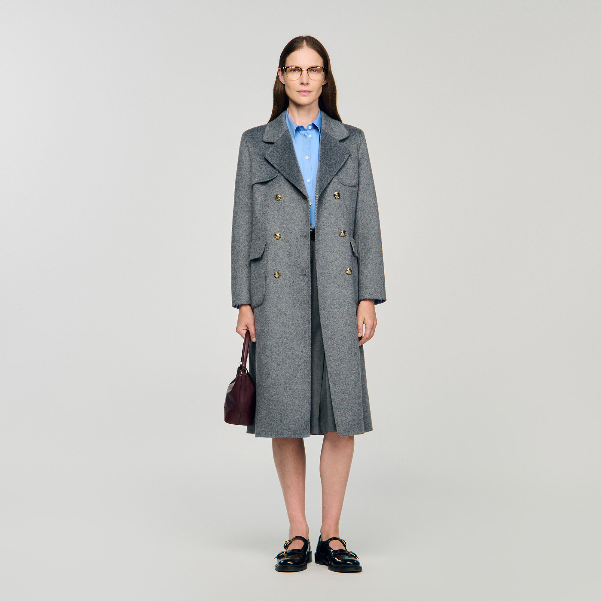 sandro paris  コート Long double-breasted coat blue For Women | Sandro Paris