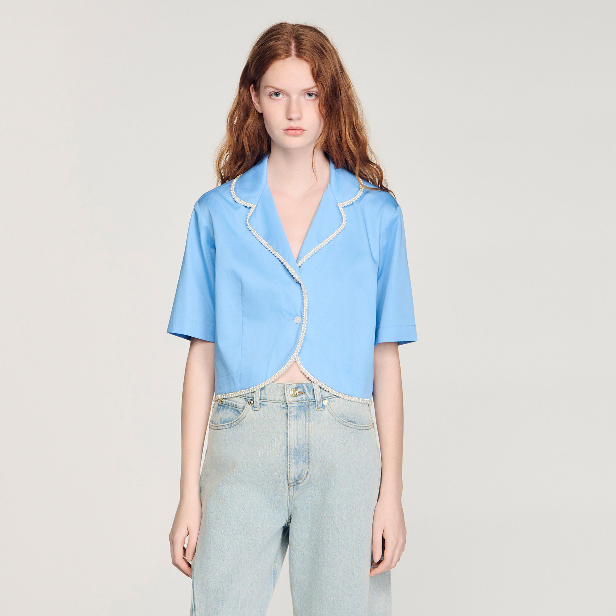 Cotton shirt with beaded trim in Blue for Women | Sandro Paris
