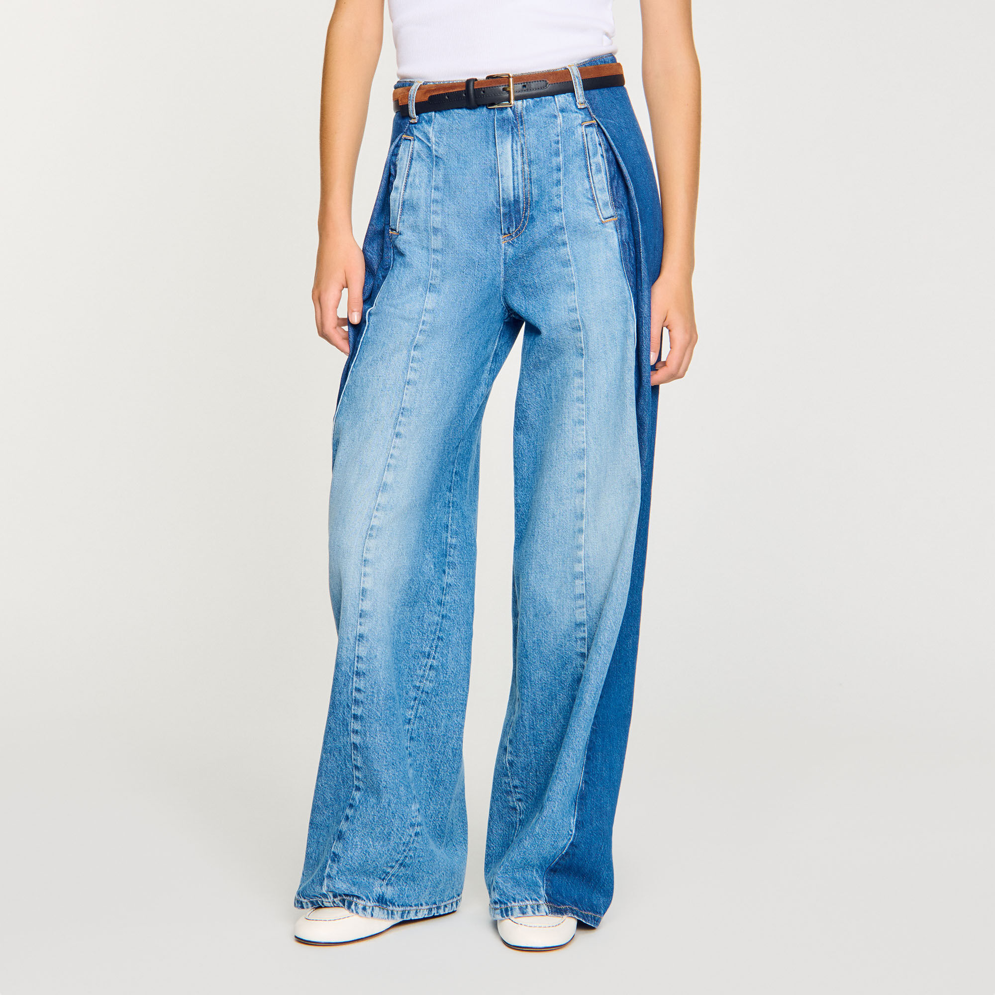 Jeans with contrasting panels blue For Women | Sandro Paris