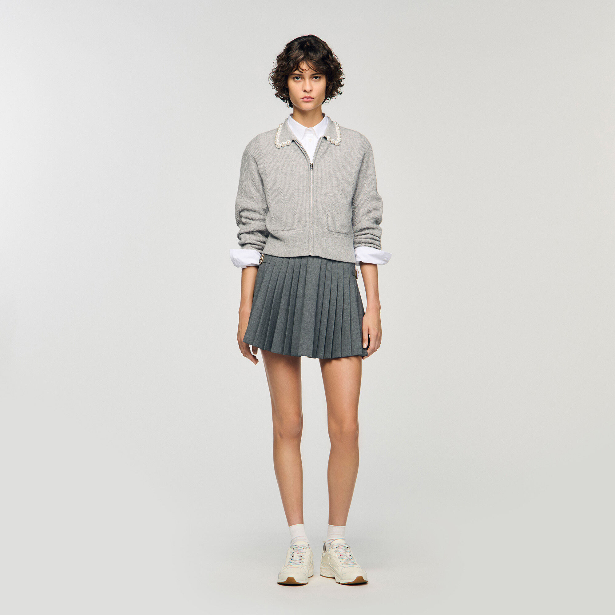 Cardigan with beaded collar black / gray For Women | Sandro Paris