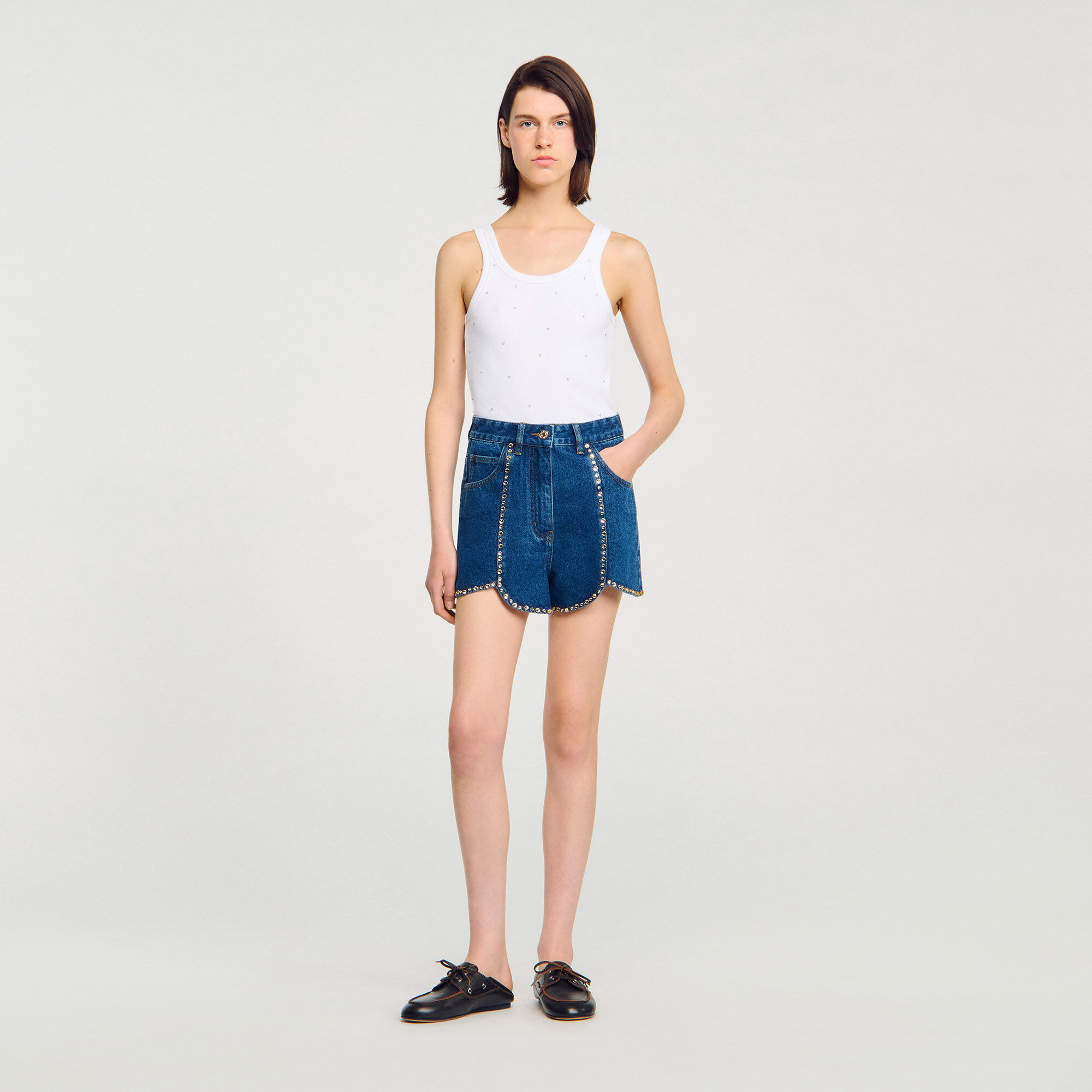 Rhinestone denim top blue For Women | Sandro Paris