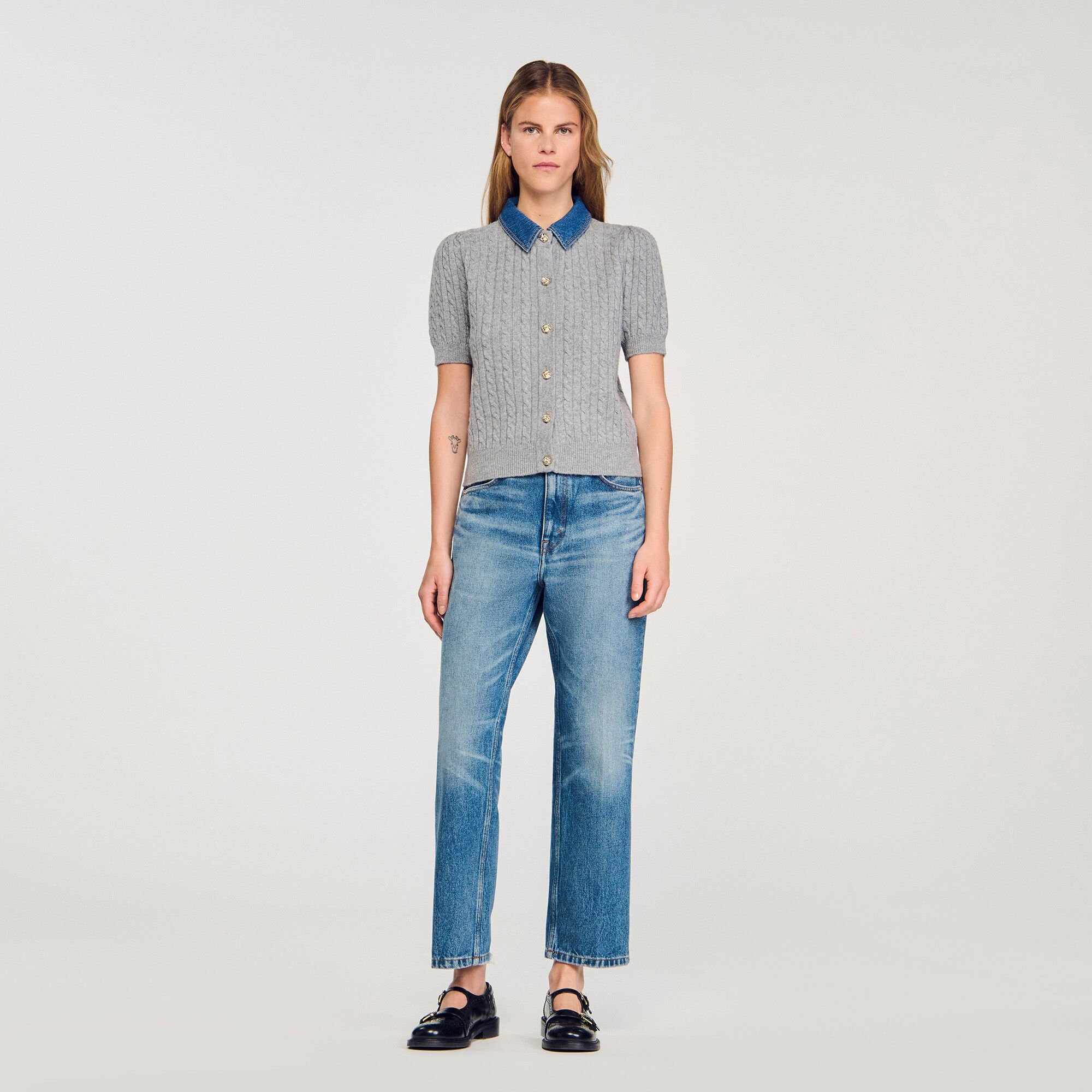 Cardigan with denim collar