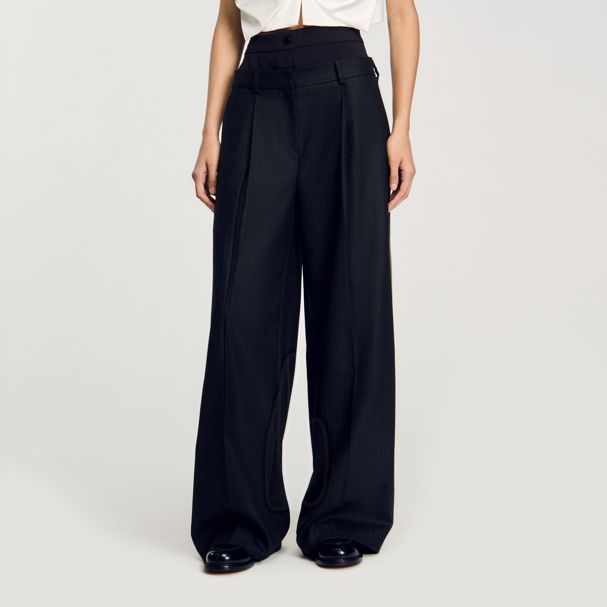Striped double waistband trousers