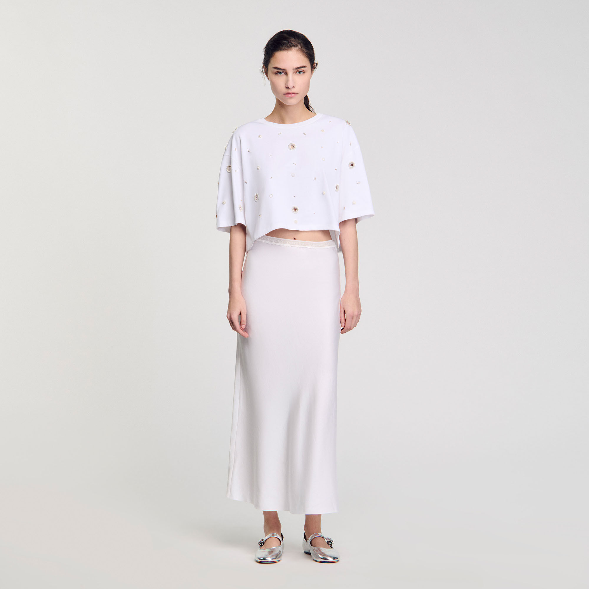 Cropped pearl bead T-shirt white / beige For Women | Sandro