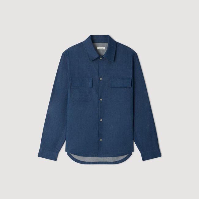 Denim-effect cotton and linen shirt