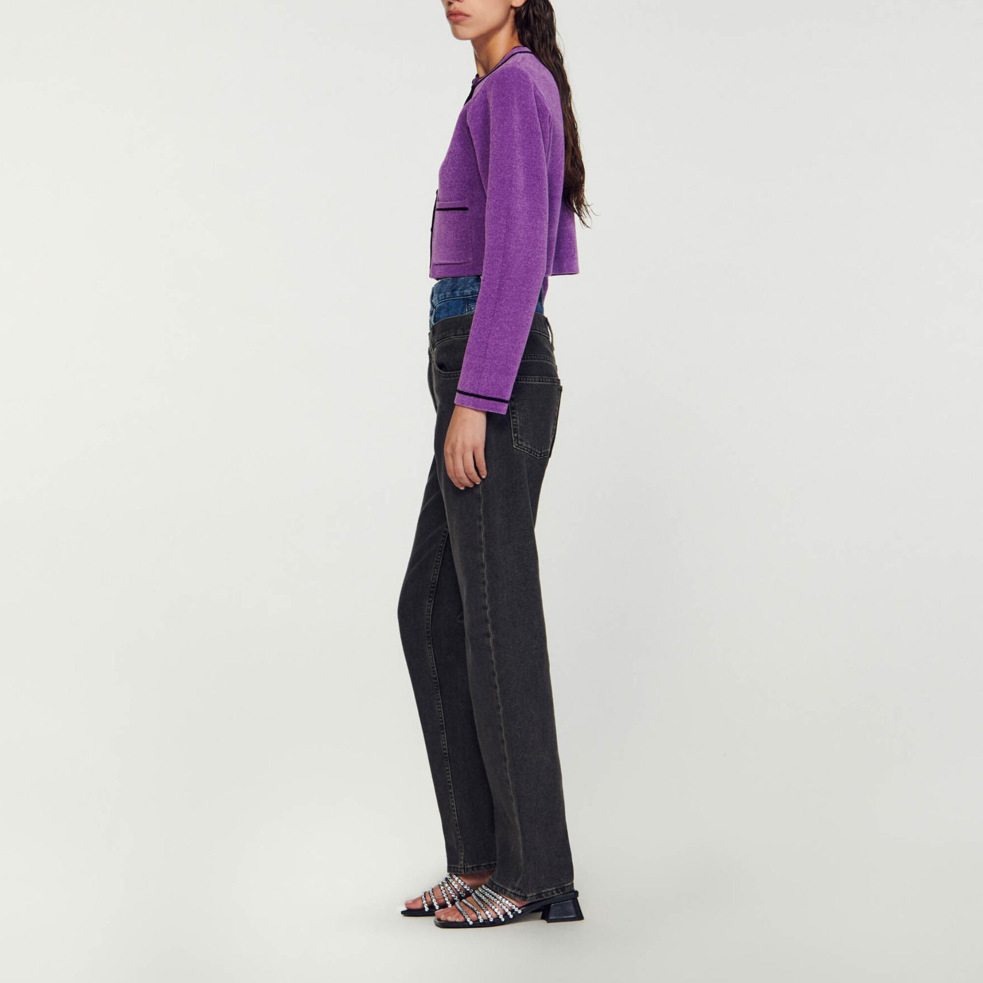 Velvet-effect cropped coatigan purple For Women | Sandro Paris