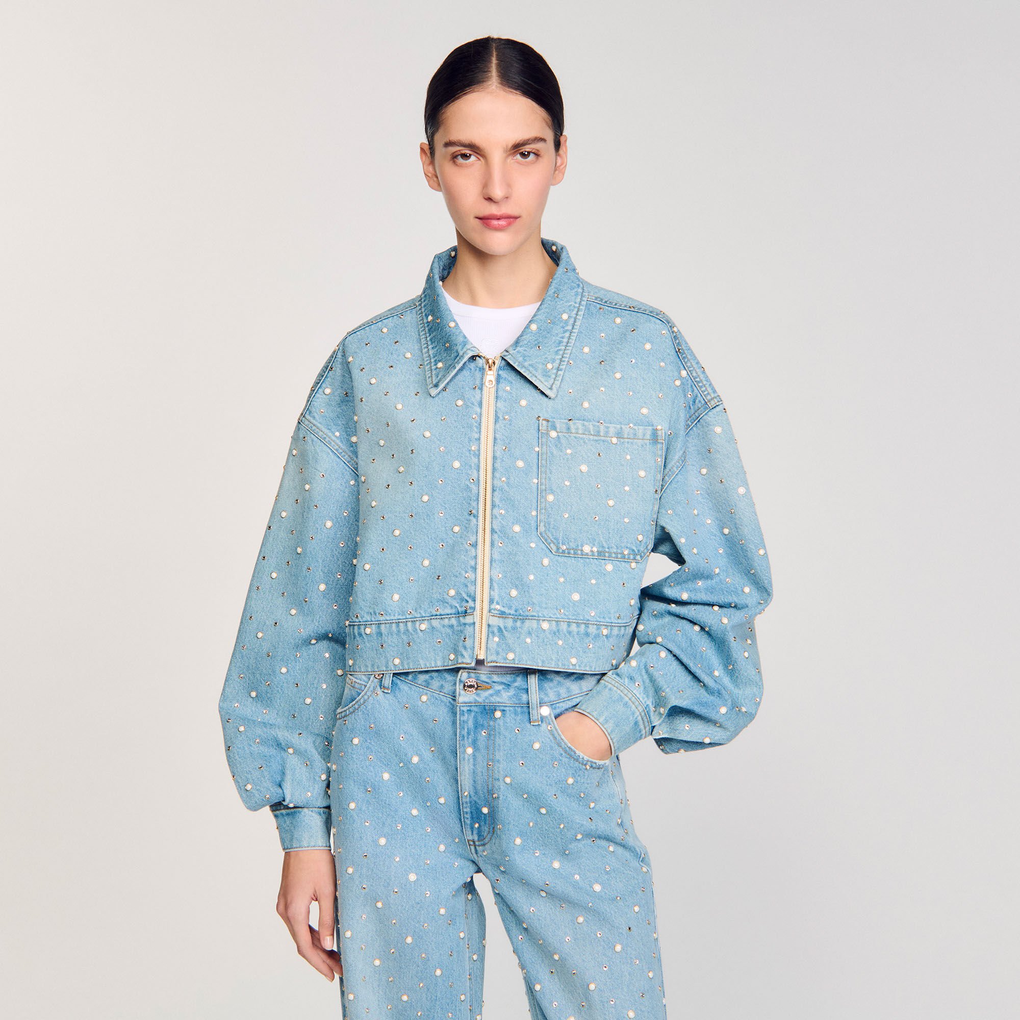 Beaded and rhinestone denim jacket