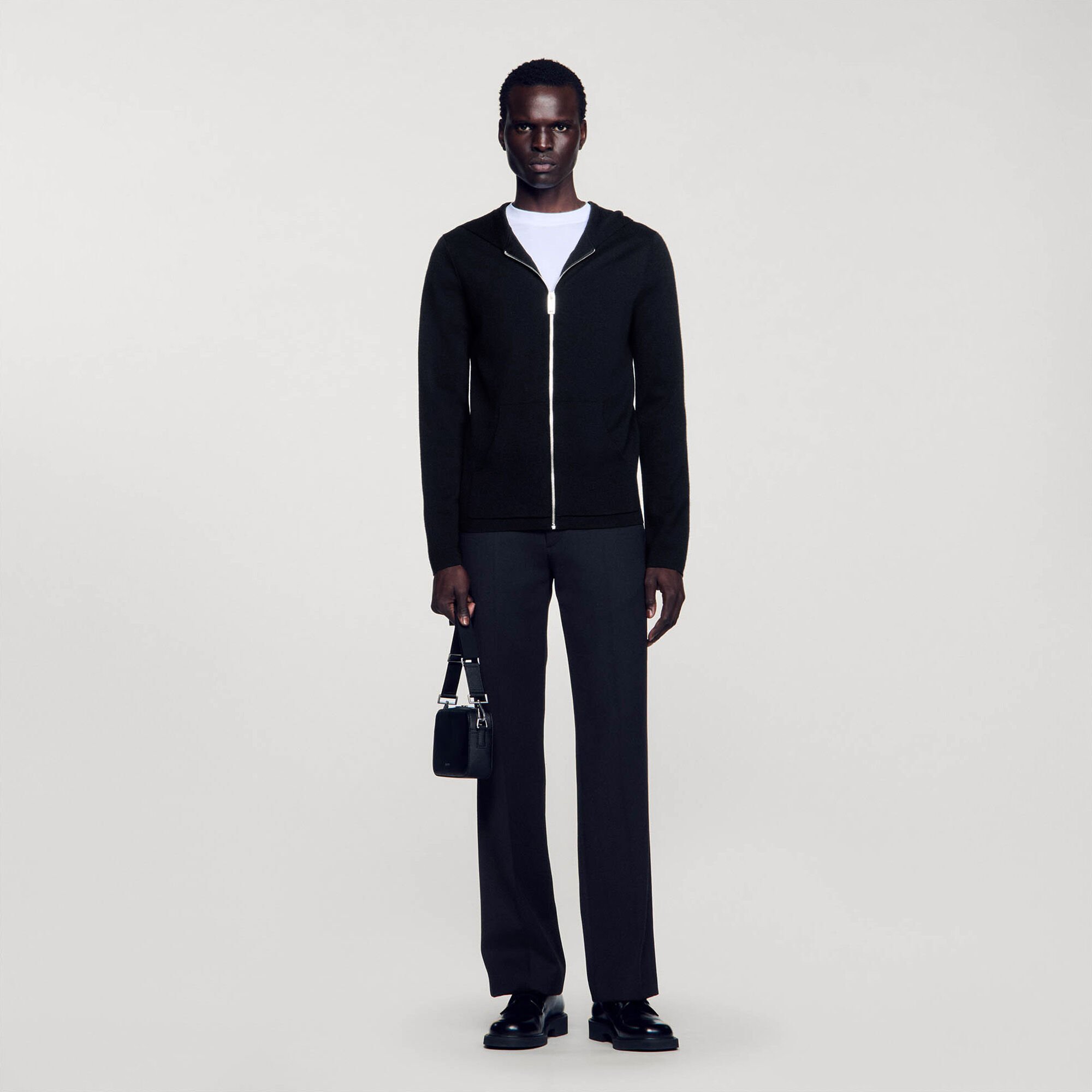 Zipped cardigan with hood black / gray for Men | Sandro Paris