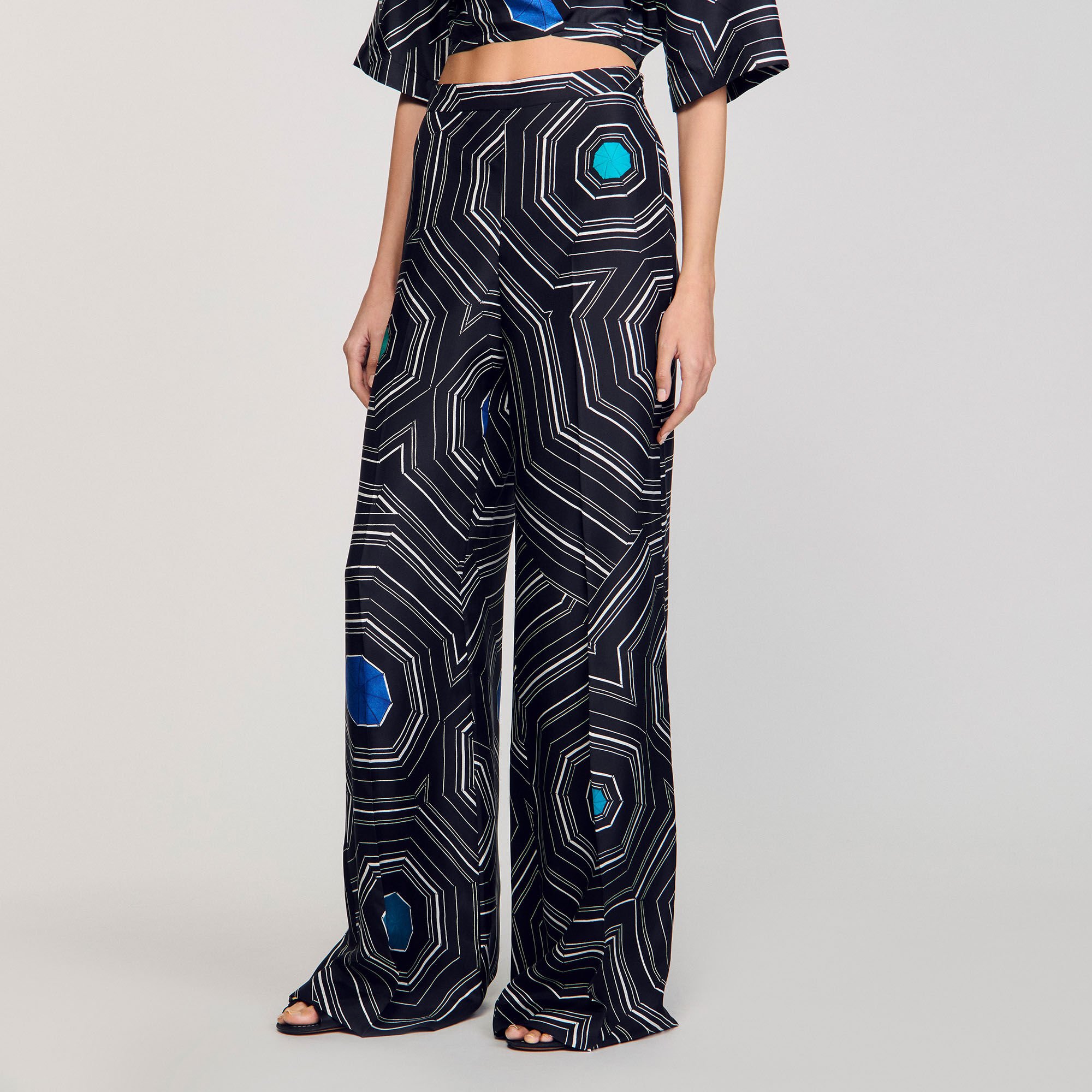Spiral-print silk trousers