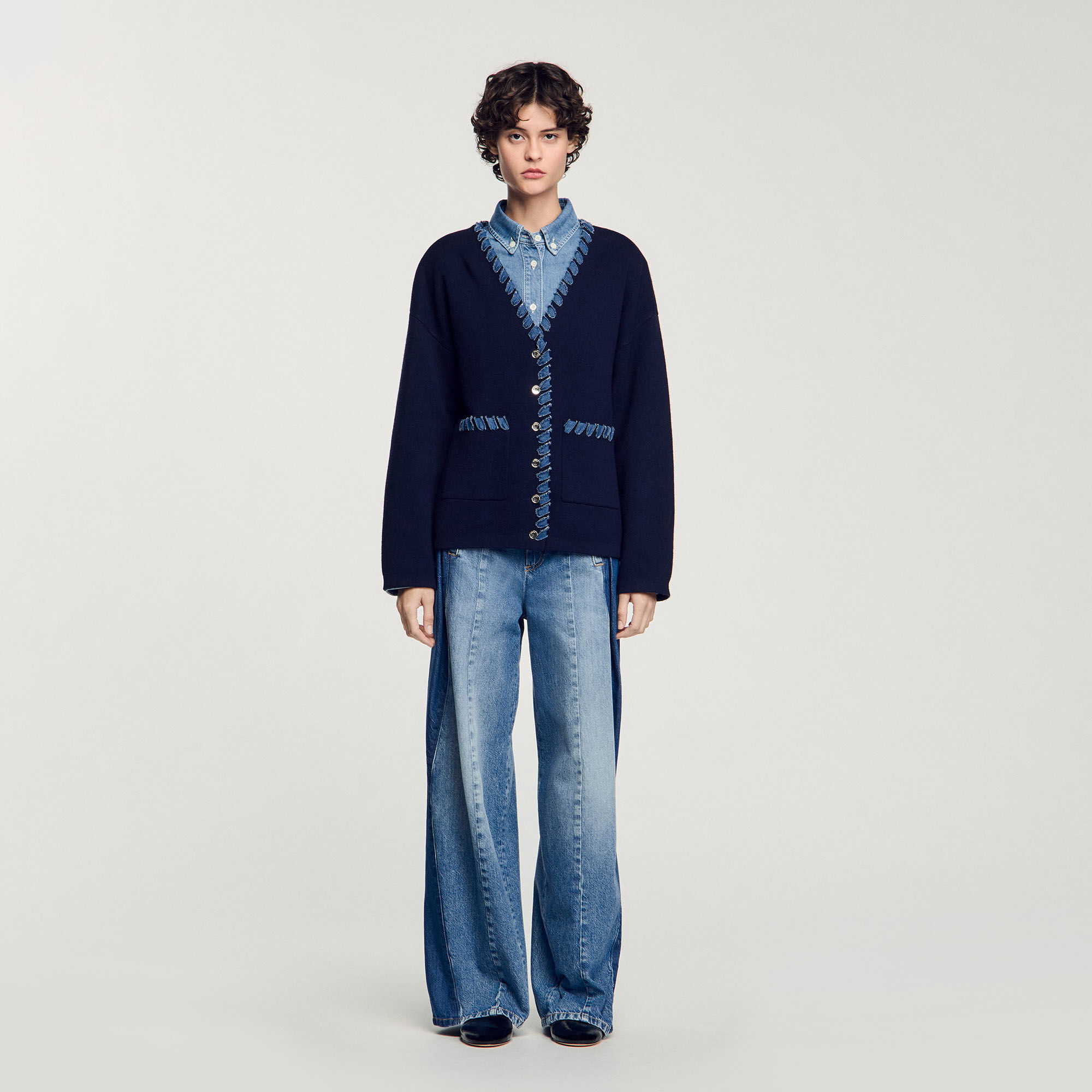 Cardigan with denim details blue For Women | Sandro Paris