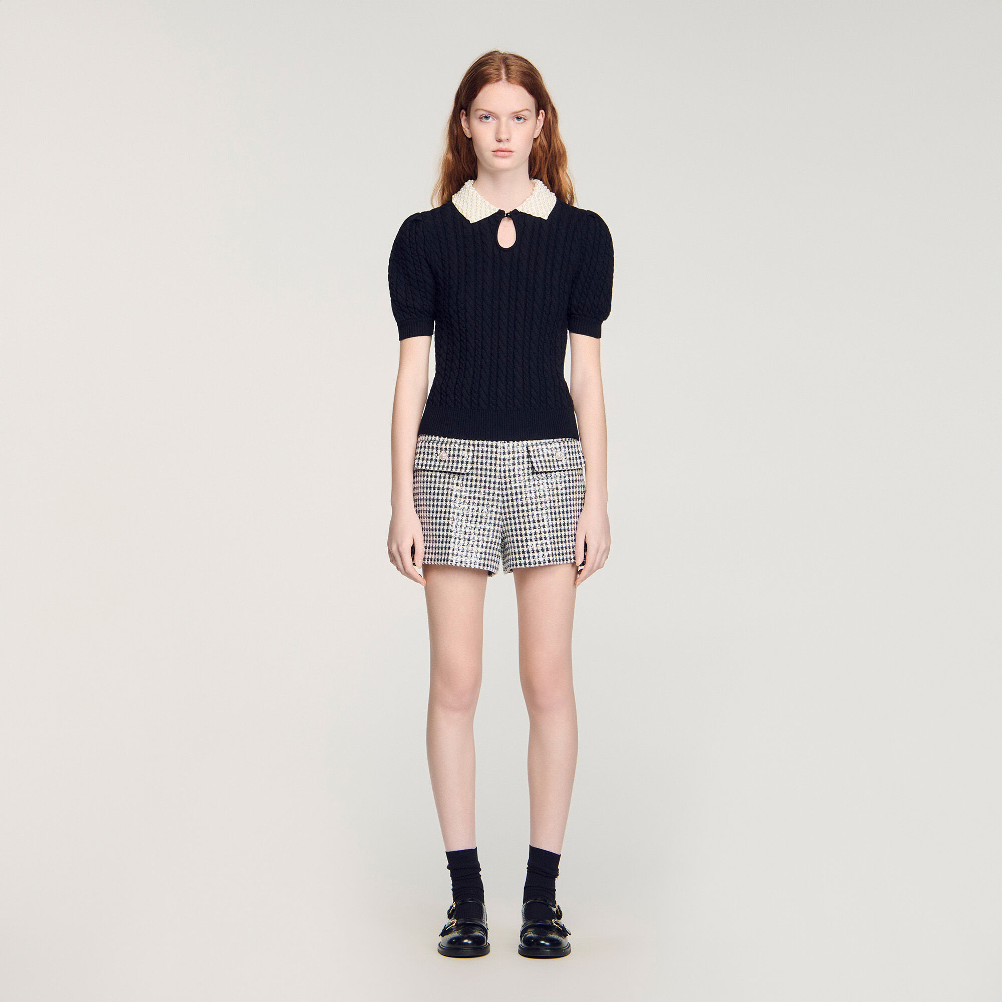 Detachable collar cable knit sweater in Black for Women | Sandro Paris
