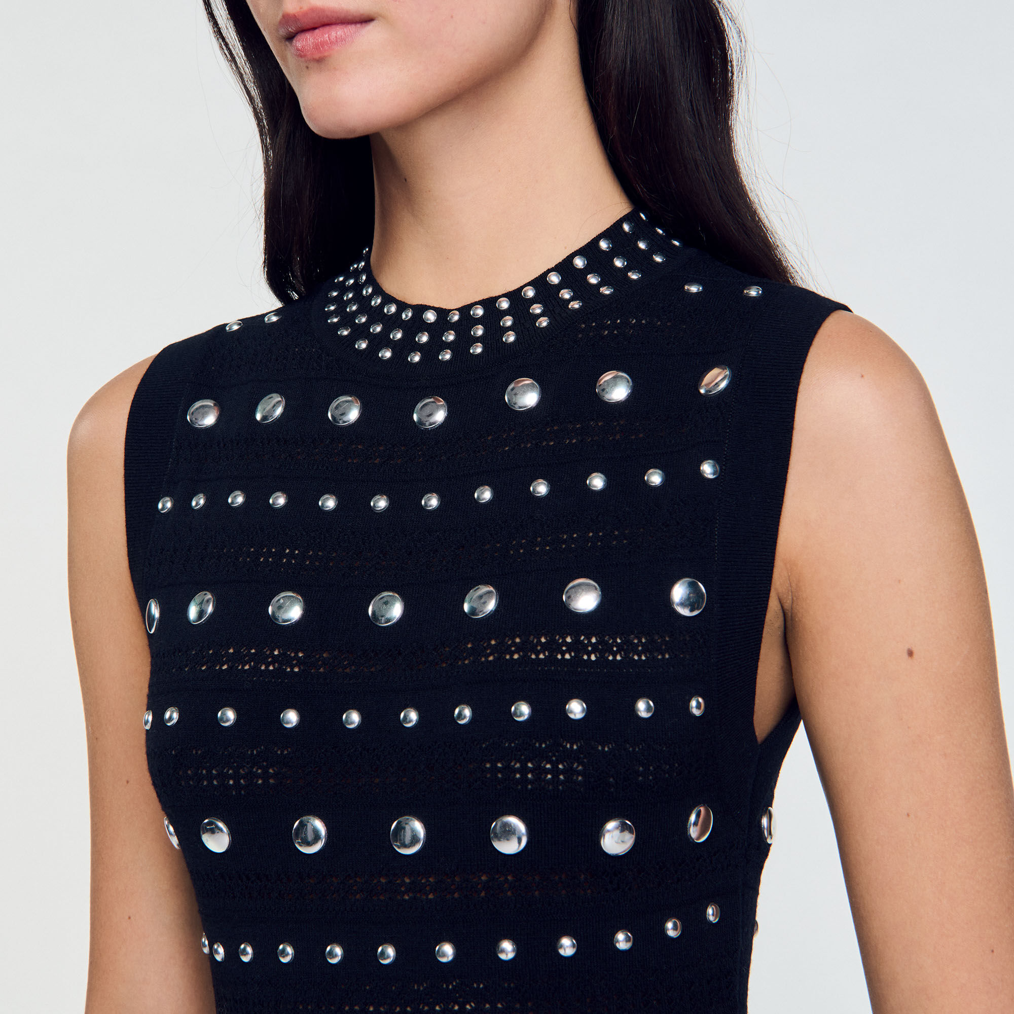 Knit maxi dress with studs black / gray For Women | Sandro Paris Knit maxi dress with studs black / gray For Women | Sandro Paris