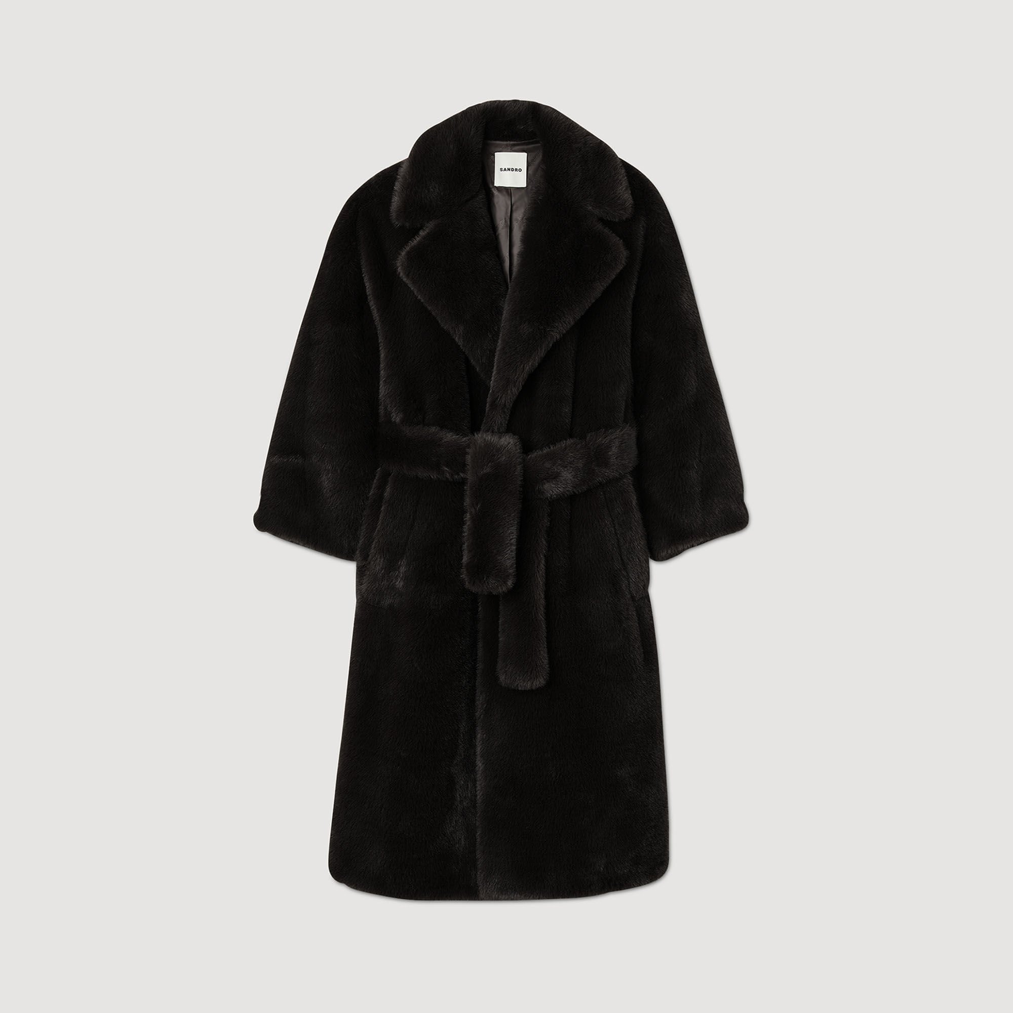 Long faux fur coat black / gray For Women | Sandro Paris